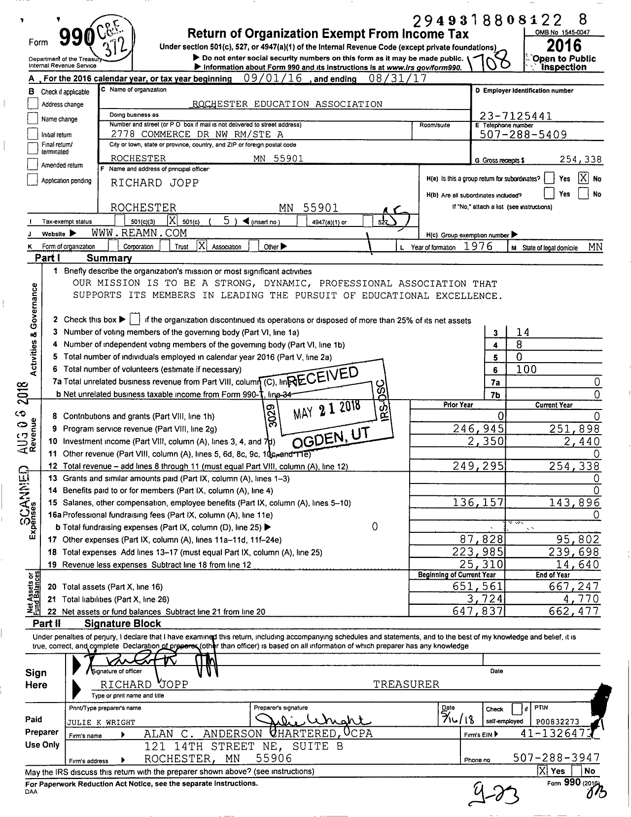 Image of first page of 2016 Form 990O for Rochester Education Association