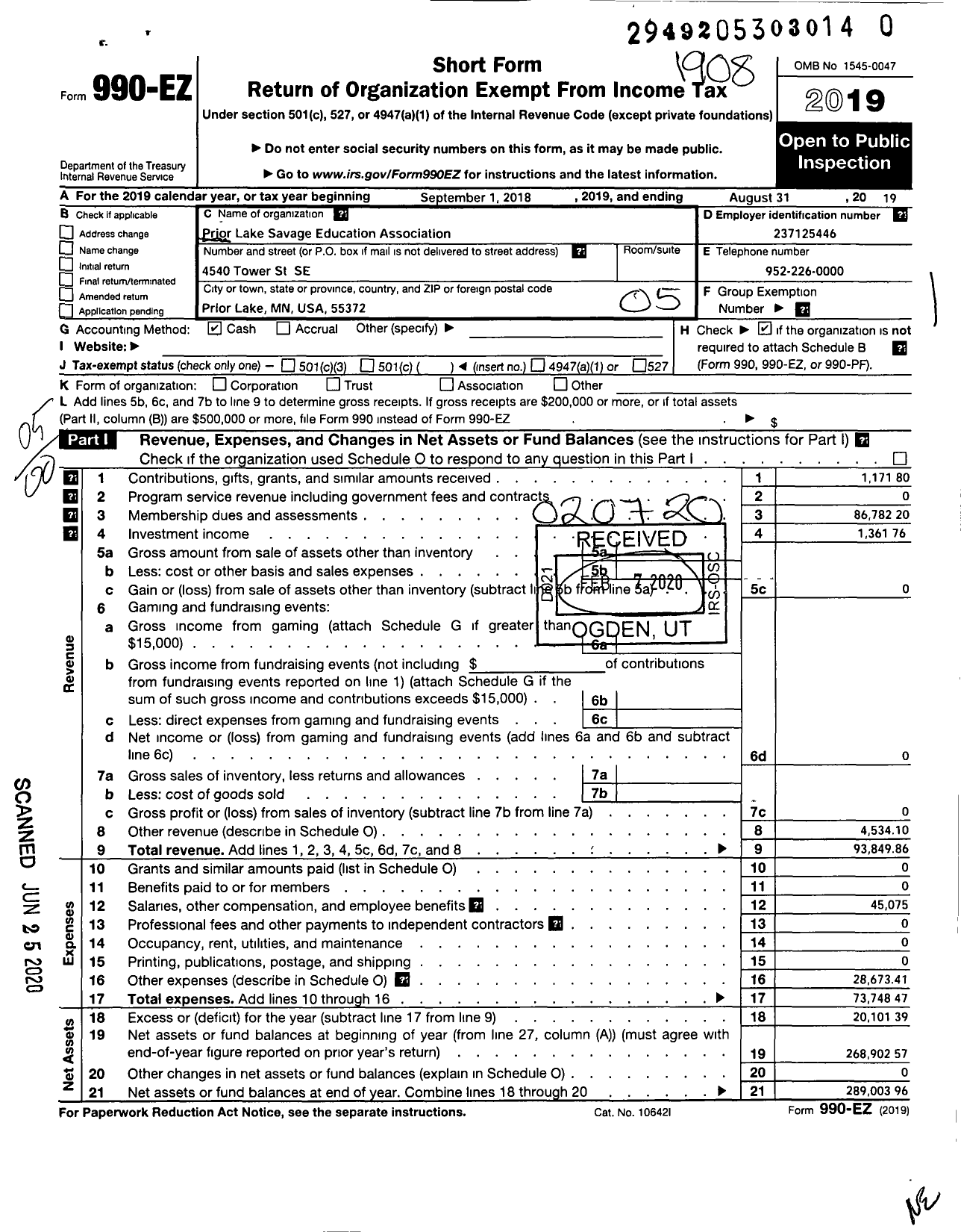 Image of first page of 2018 Form 990EO for Prior - Savage Education Association