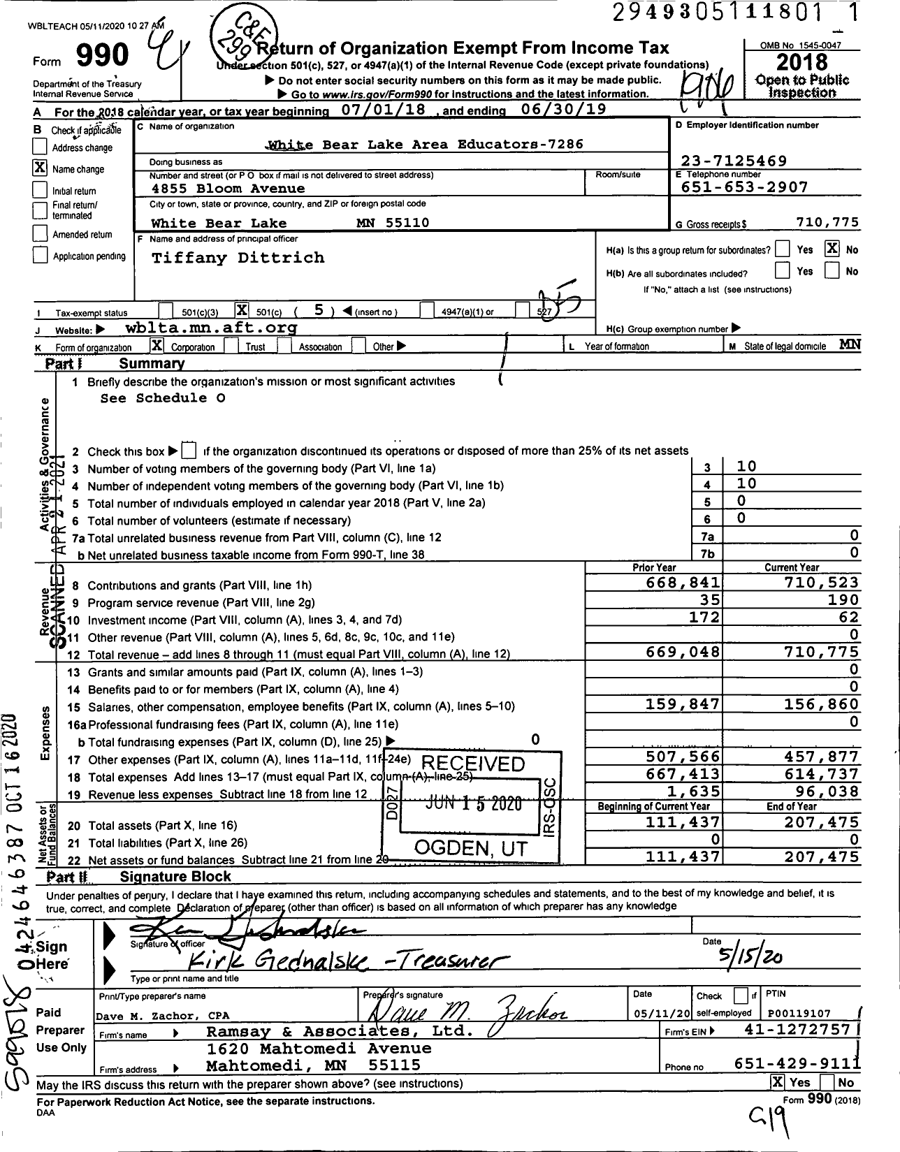 Image of first page of 2018 Form 990O for White Bear Lake Area Educators Local 7286