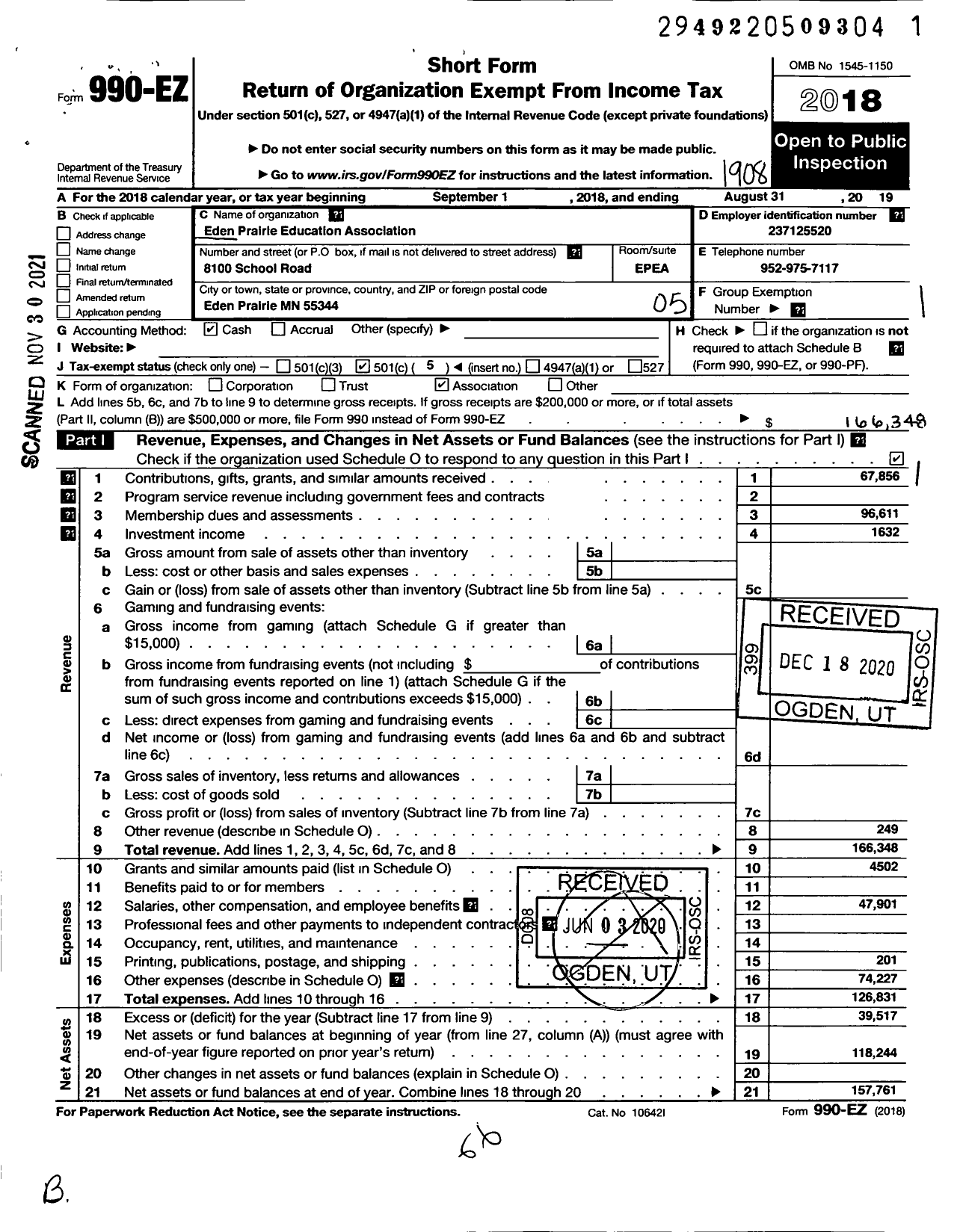 Image of first page of 2018 Form 990EO for Eden Prairie Education Association