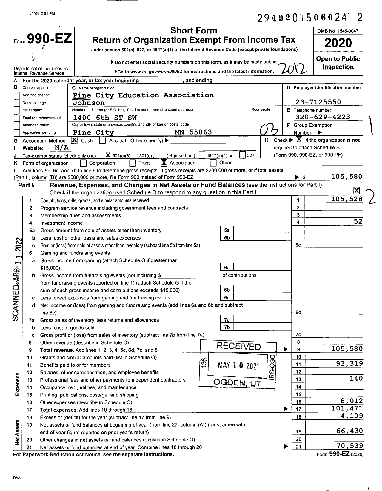 Image of first page of 2020 Form 990EZ for Pine City Education Association