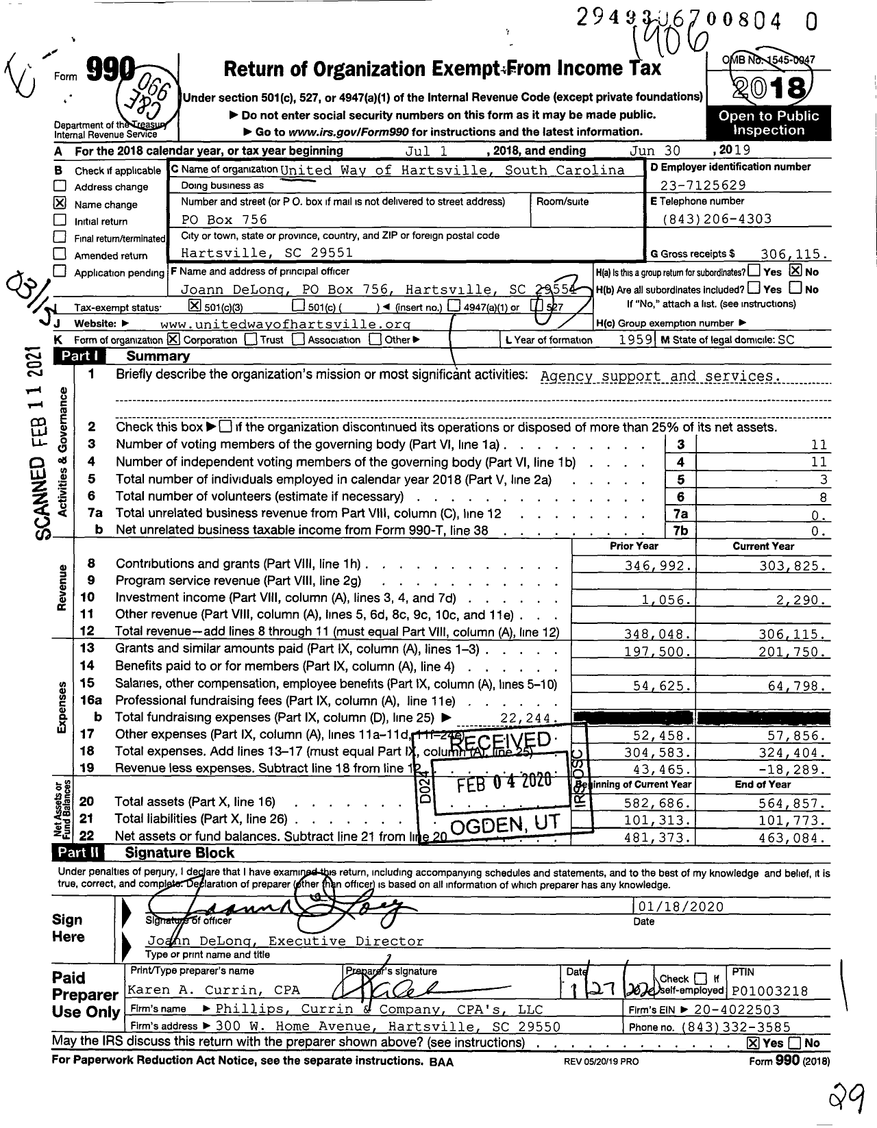 Image of first page of 2018 Form 990 for United Way of Greater Hartsville