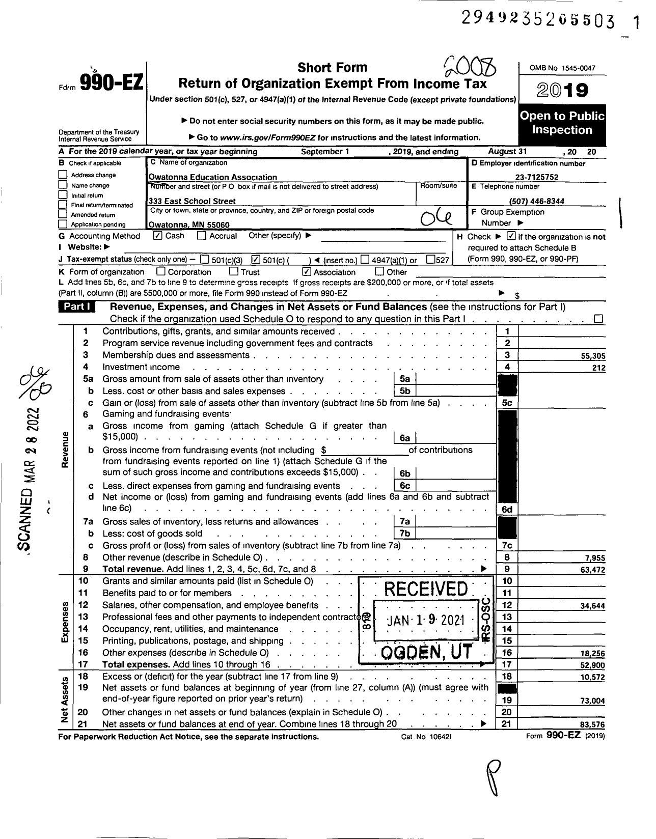 Image of first page of 2019 Form 990EO for Owatonna Education Association