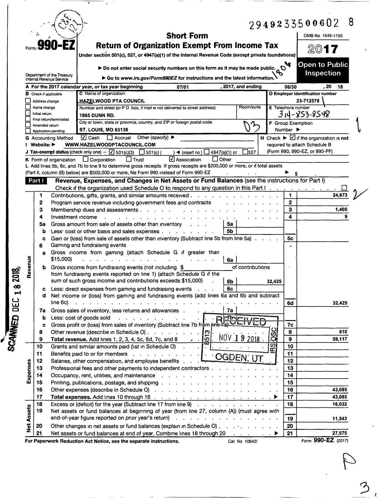 Image of first page of 2017 Form 990EZ for PTA Missouri Congress / Hazelwood Council PTA