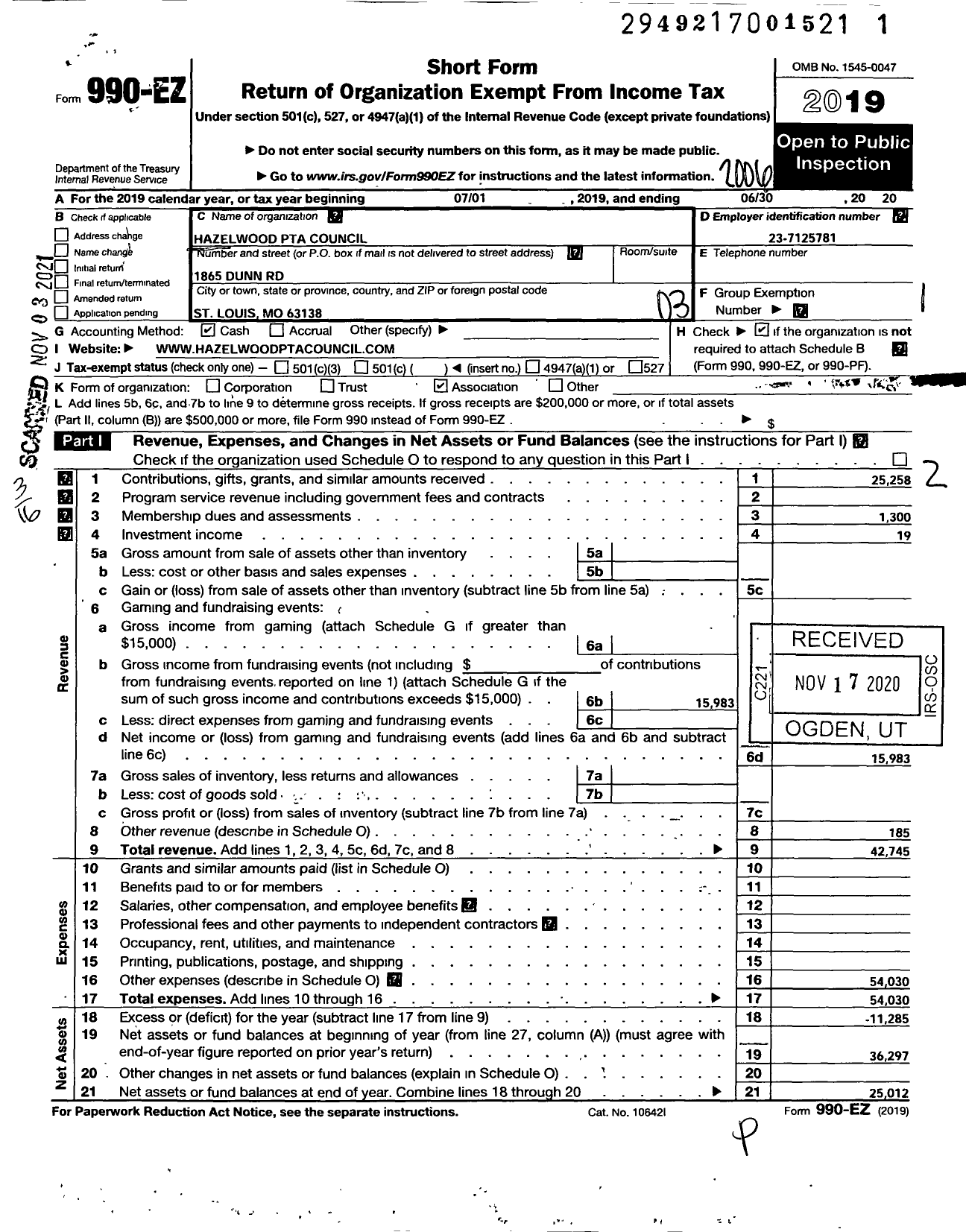 Image of first page of 2019 Form 990EZ for PTA Missouri Congress / Hazelwood Council PTA