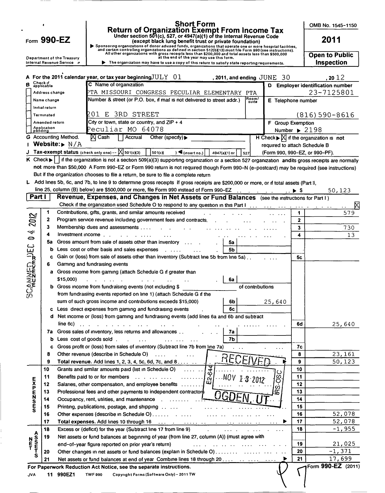 Image of first page of 2011 Form 990EZ for PTA Missouri Congress / Peculiar Elementary PTA