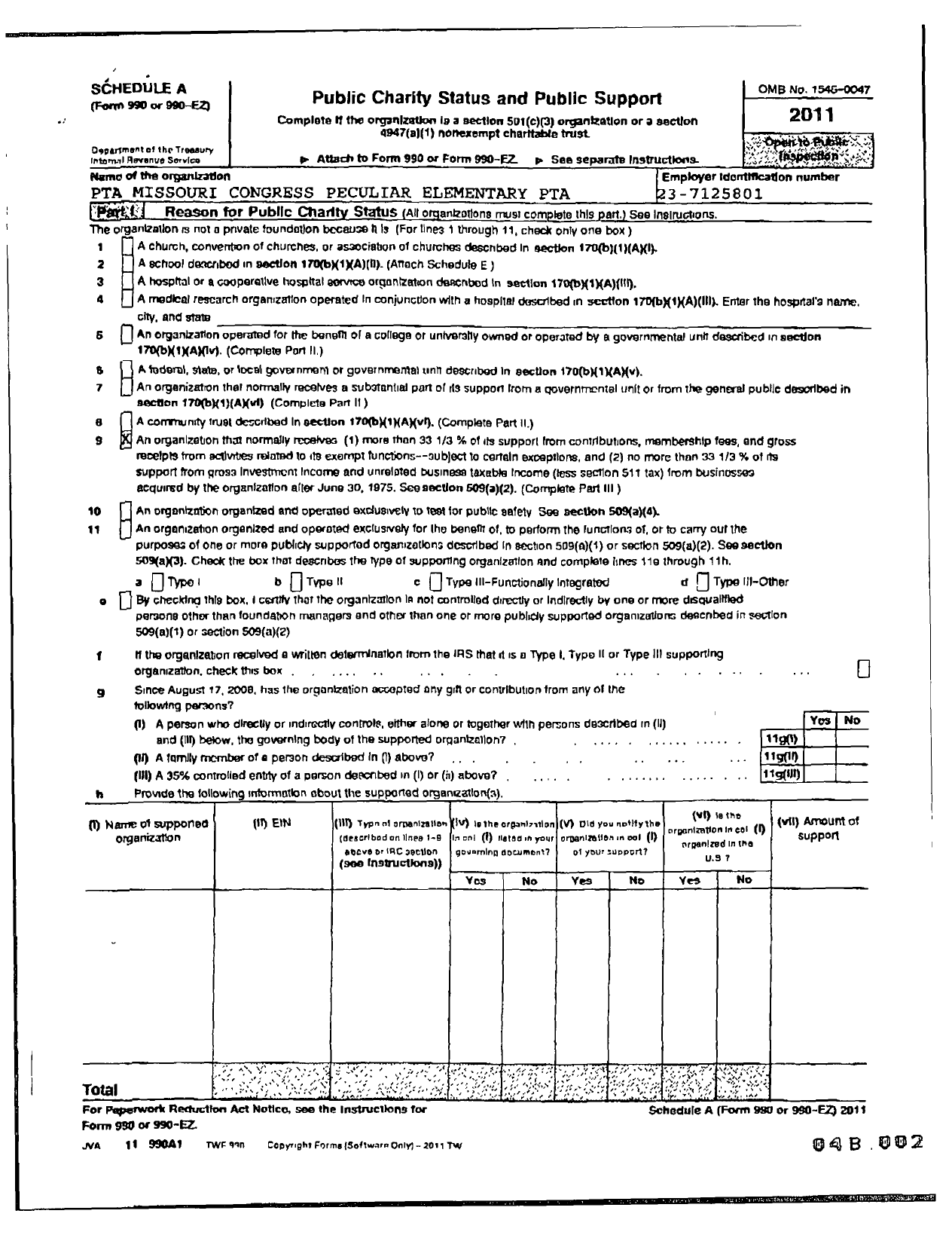 Image of first page of 2011 Form 990ER for PTA Missouri Congress / Peculiar Elementary PTA