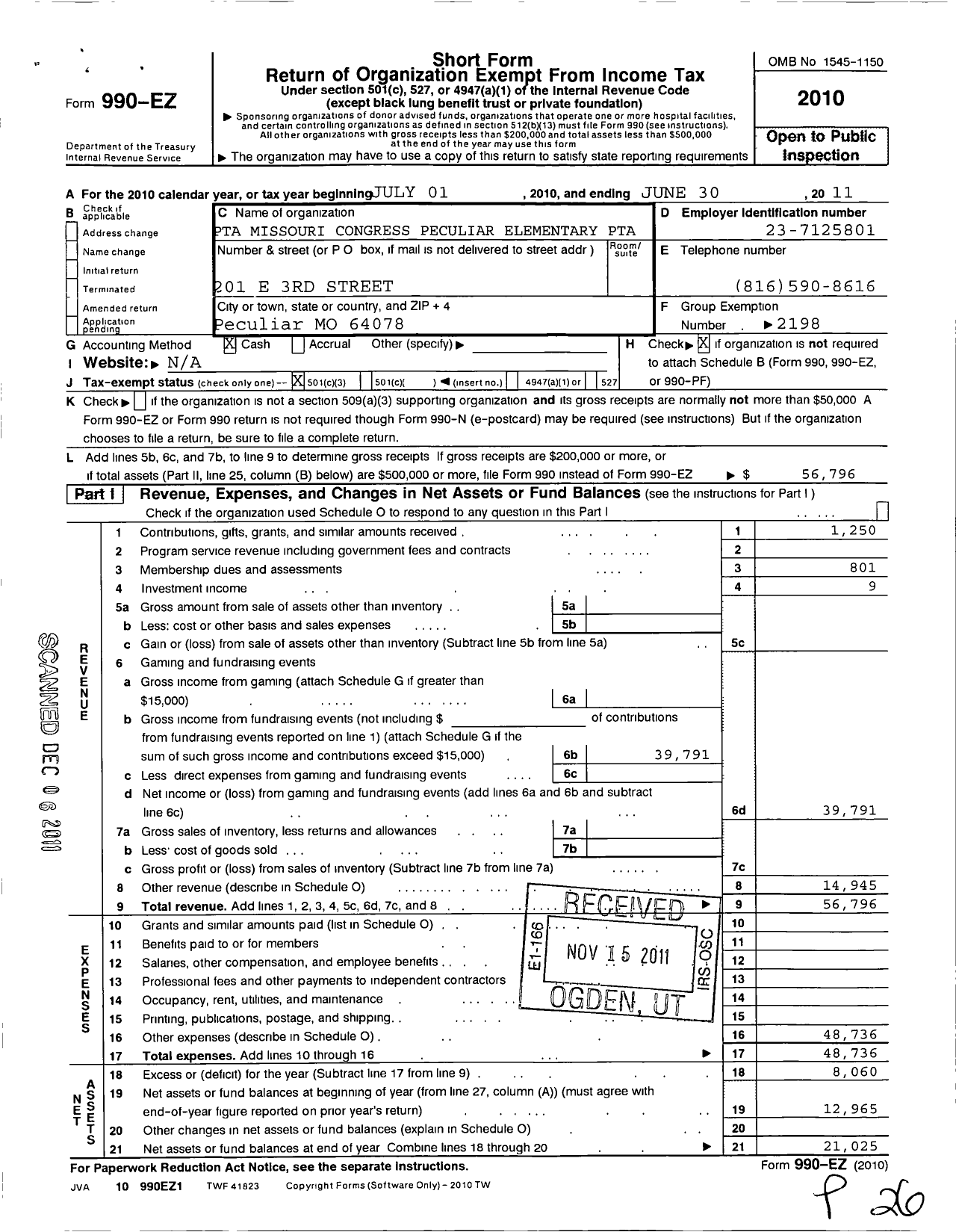 Image of first page of 2010 Form 990EZ for PTA Missouri Congress / Peculiar Elementary PTA