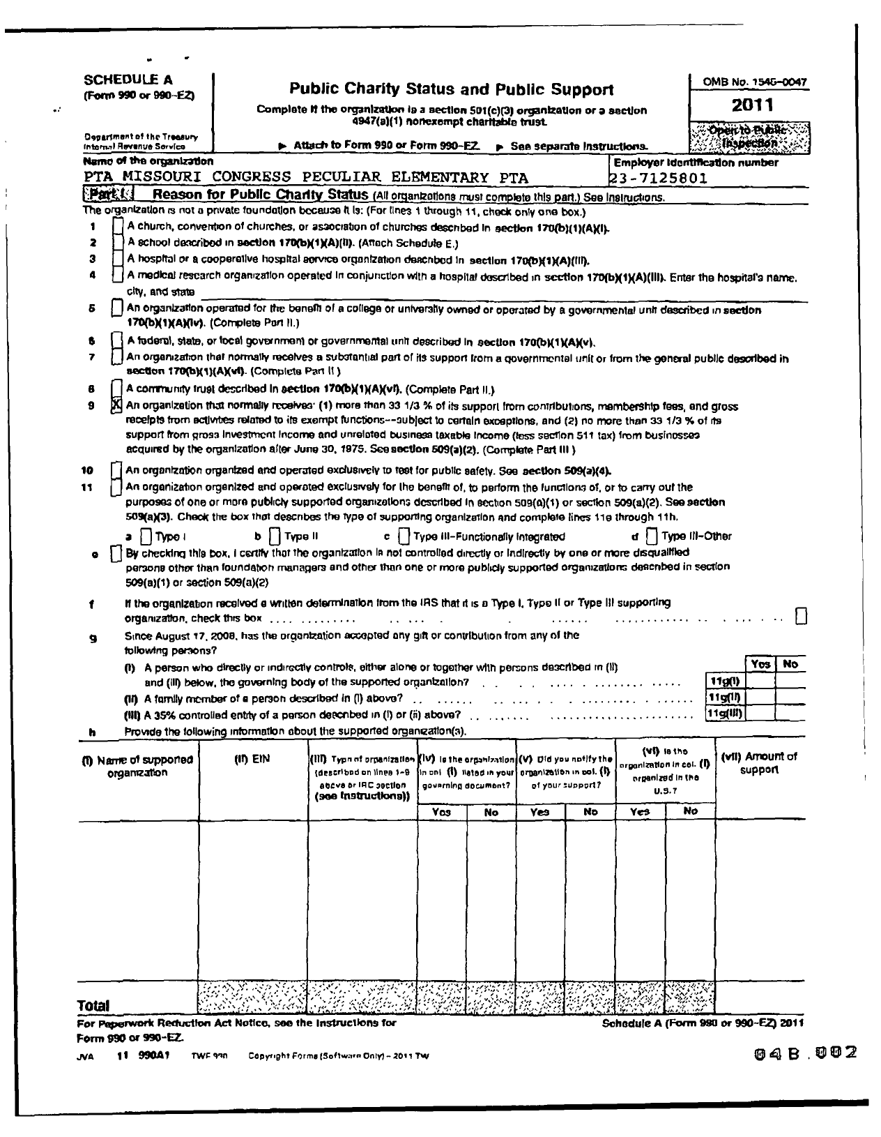 Image of first page of 2011 Form 990ER for PTA Missouri Congress / Peculiar Elementary PTA