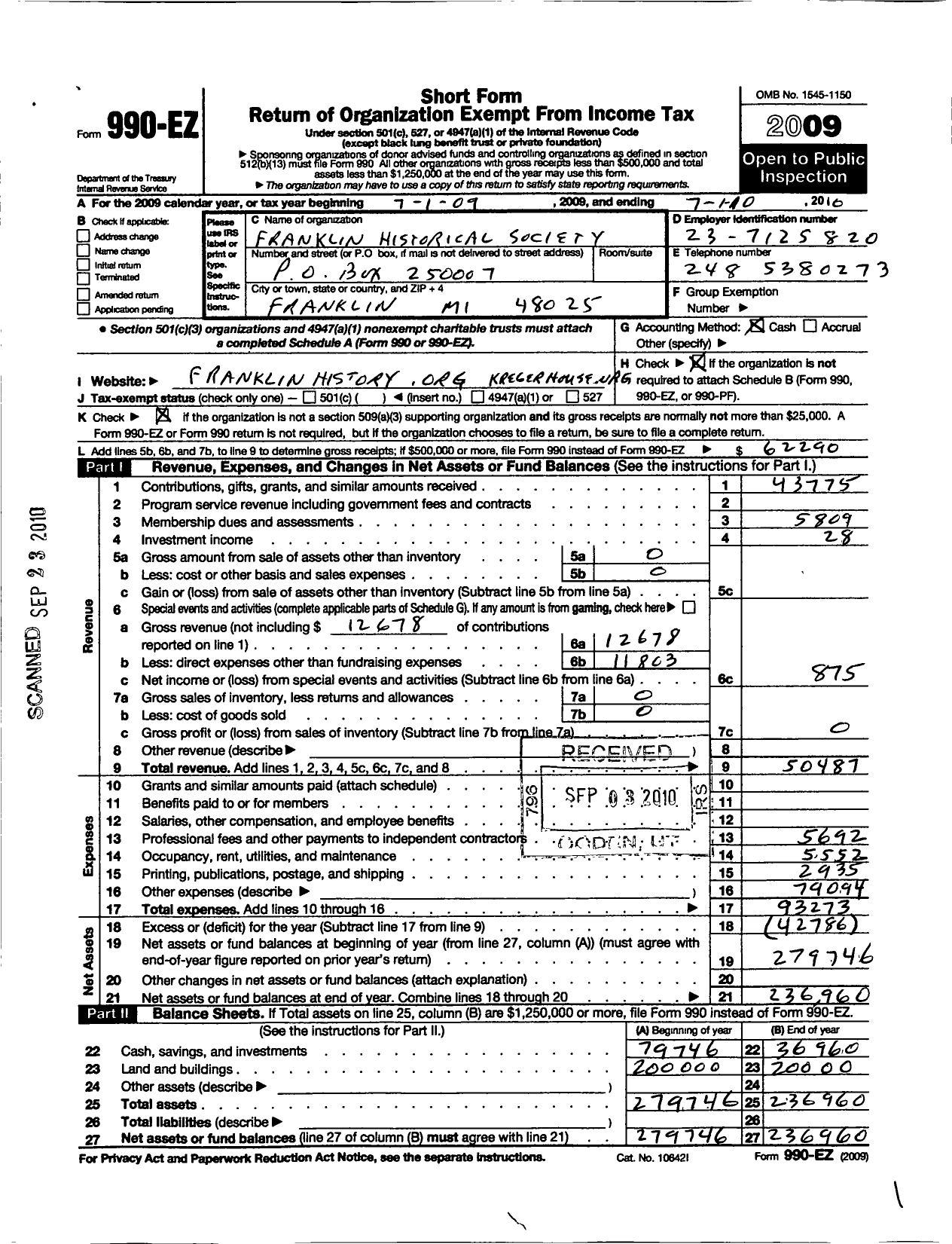 Image of first page of 2009 Form 990EO for Franklin Historical Society