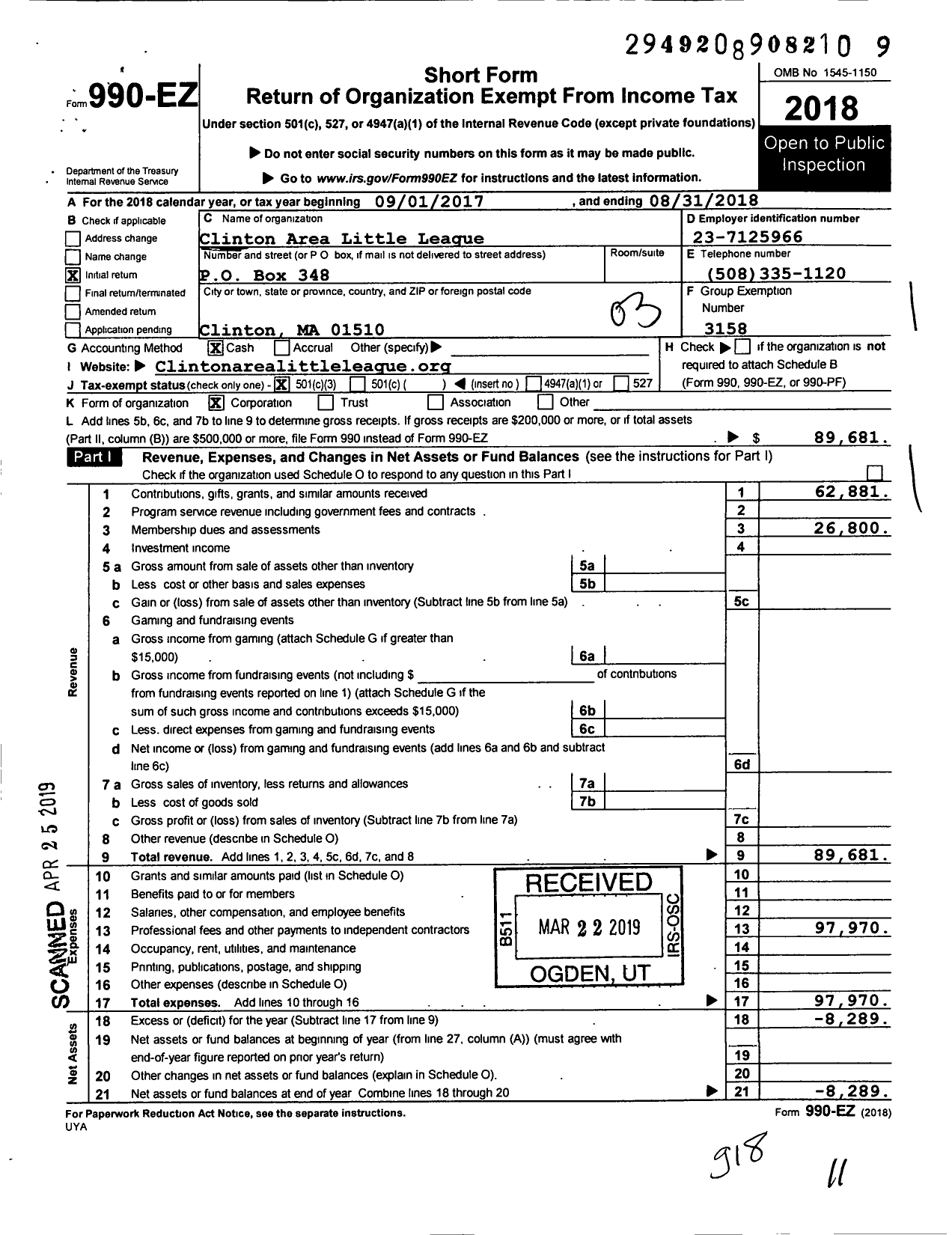 Image of first page of 2017 Form 990EZ for Little League Baseball - 2210401 Clinton Area LL