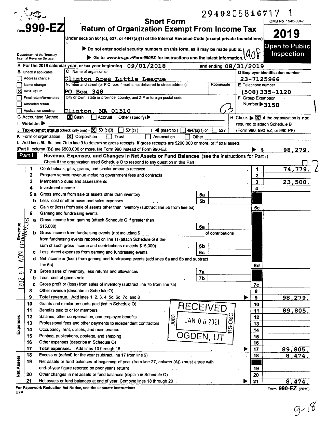 Image of first page of 2018 Form 990EZ for Little League Baseball - 2210401 Clinton Area LL