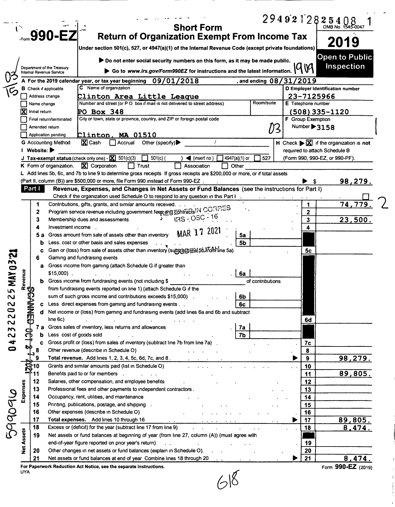 Image of first page of 2018 Form 990EZ for Little League Baseball - 2210401 Clinton Area LL