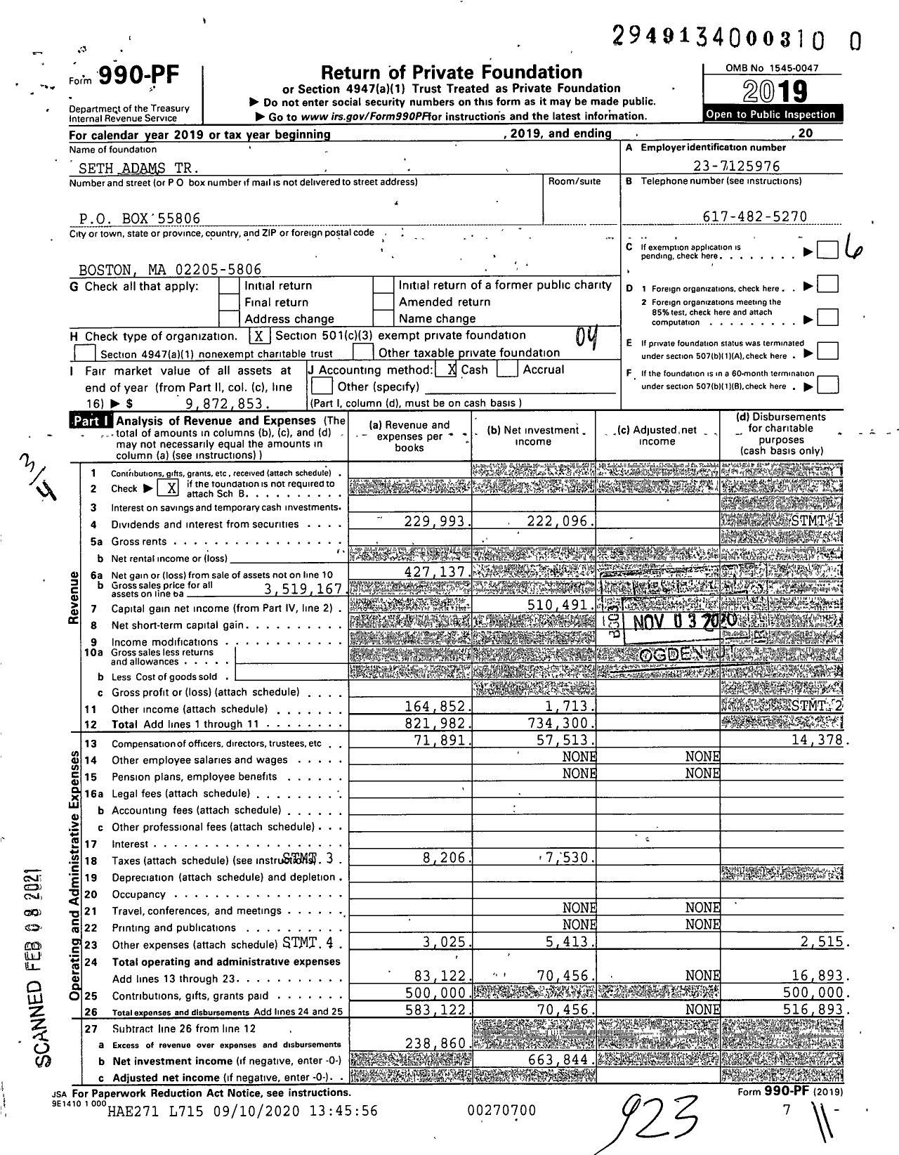 Image of first page of 2019 Form 990PF for Seth Adams Trust