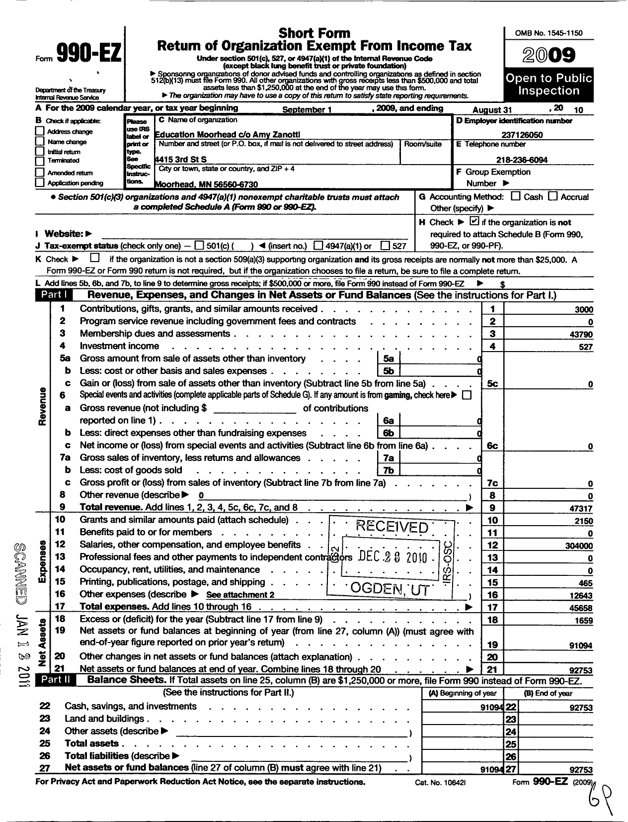 Image of first page of 2009 Form 990EO for Education Moorhead