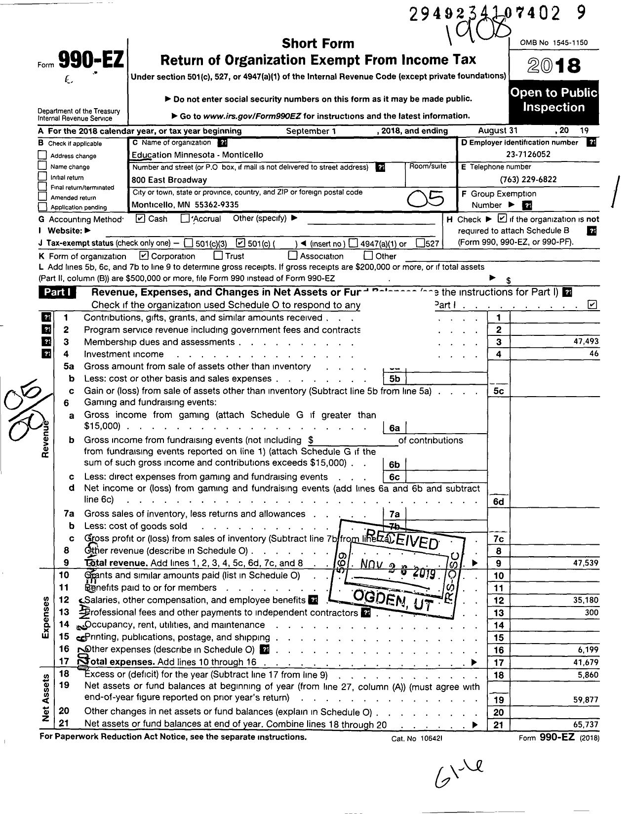 Image of first page of 2018 Form 990EO for American Federation of Teachers - 2010 Education Minnesota Monticello