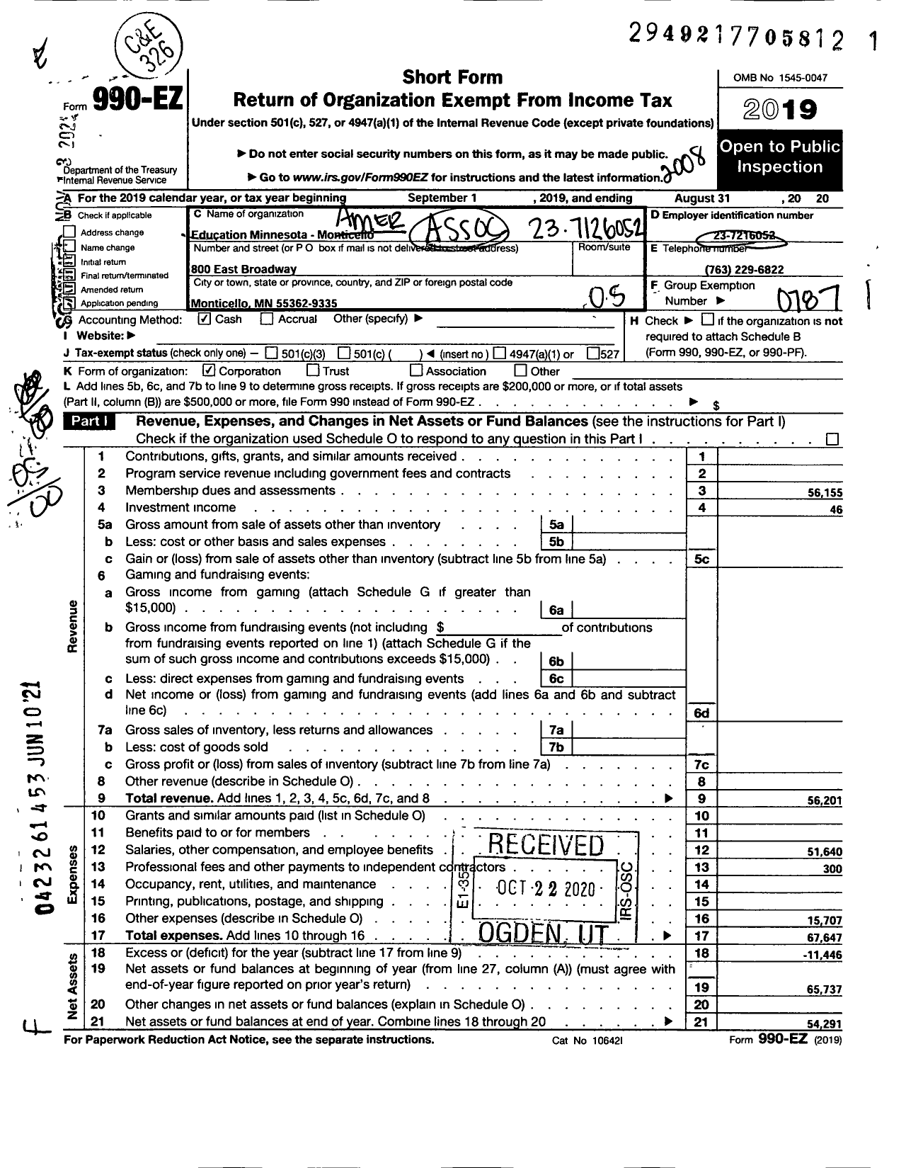 Image of first page of 2019 Form 990EO for American Federation of Teachers - 2010 Education Minnesota Monticello