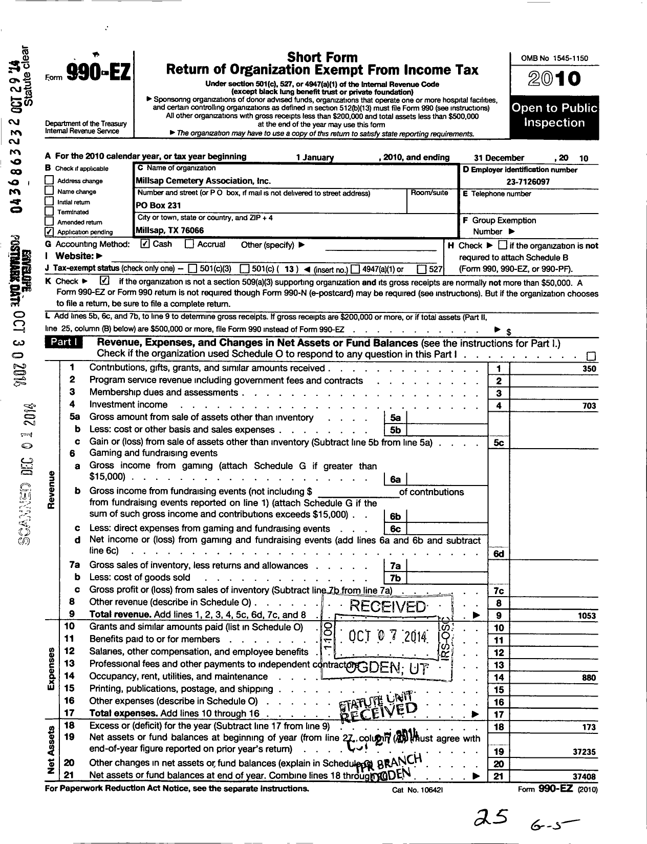 Image of first page of 2010 Form 990EO for Millsap Cemetery Association