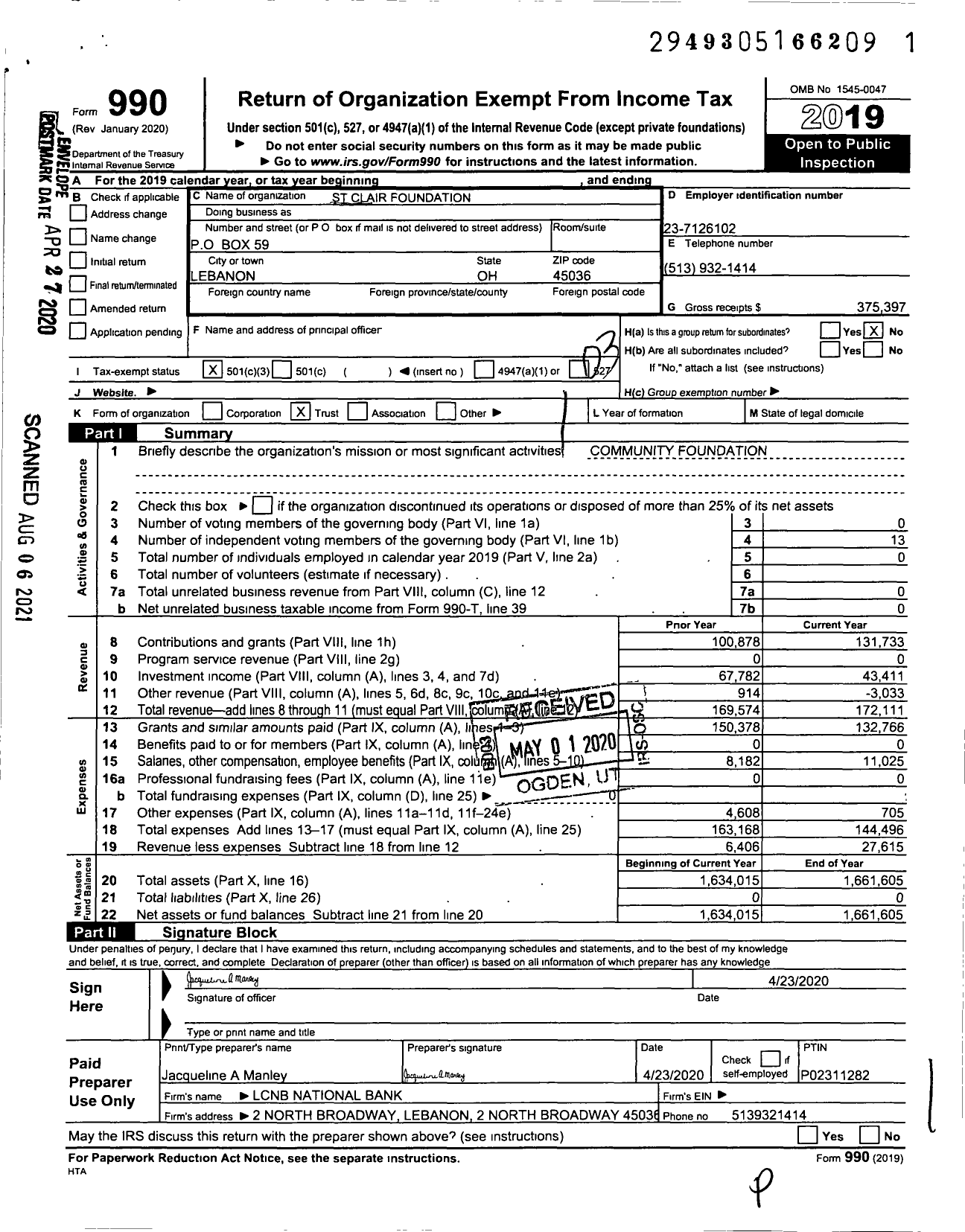 Image of first page of 2019 Form 990 for St Clair Foundation