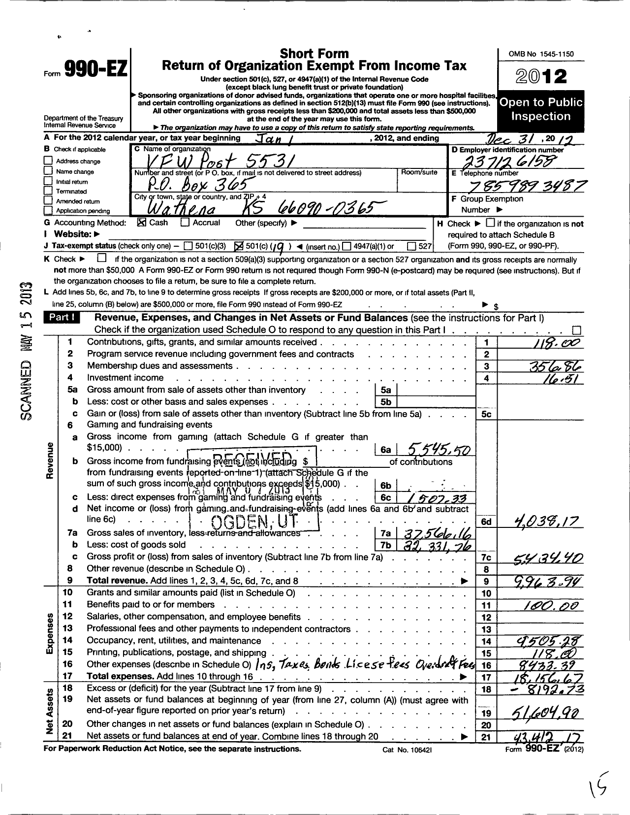 Image of first page of 2012 Form 990EO for Veterans of Foreign Wars of the United States Dept of Kansas - 5531 Doniphan County Memorial