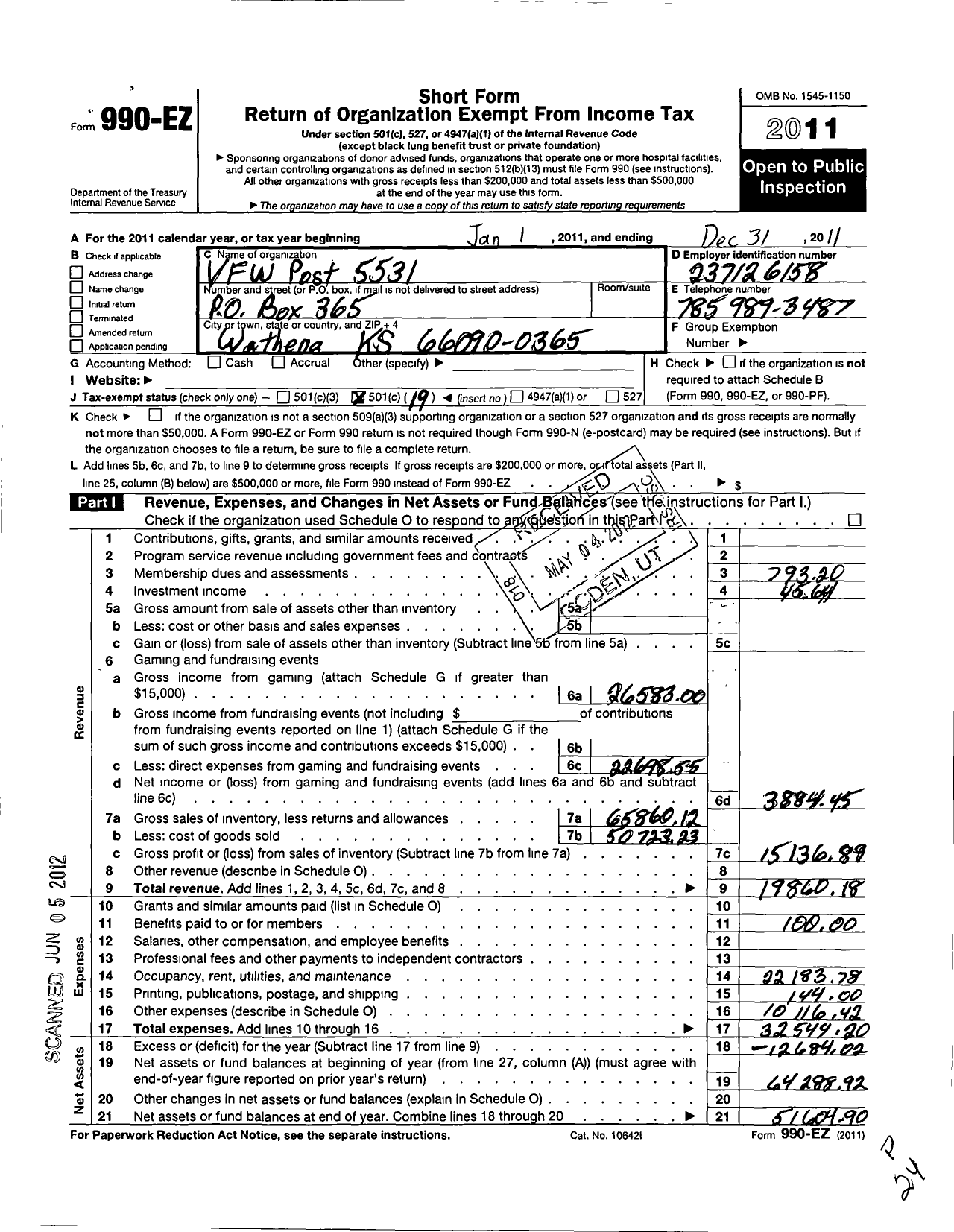 Image of first page of 2011 Form 990EO for Veterans of Foreign Wars of the United States Dept of Kansas - 5531 Doniphan County Memorial