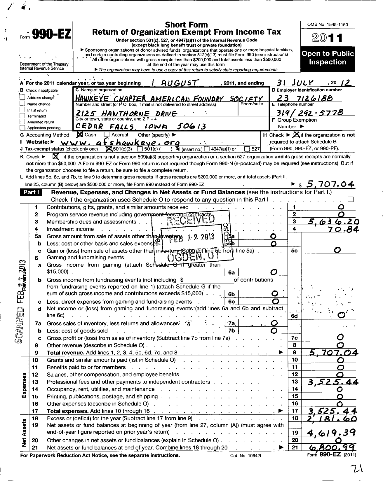 Image of first page of 2011 Form 990EZ for American Foundry Society - Hawkeye Region 3