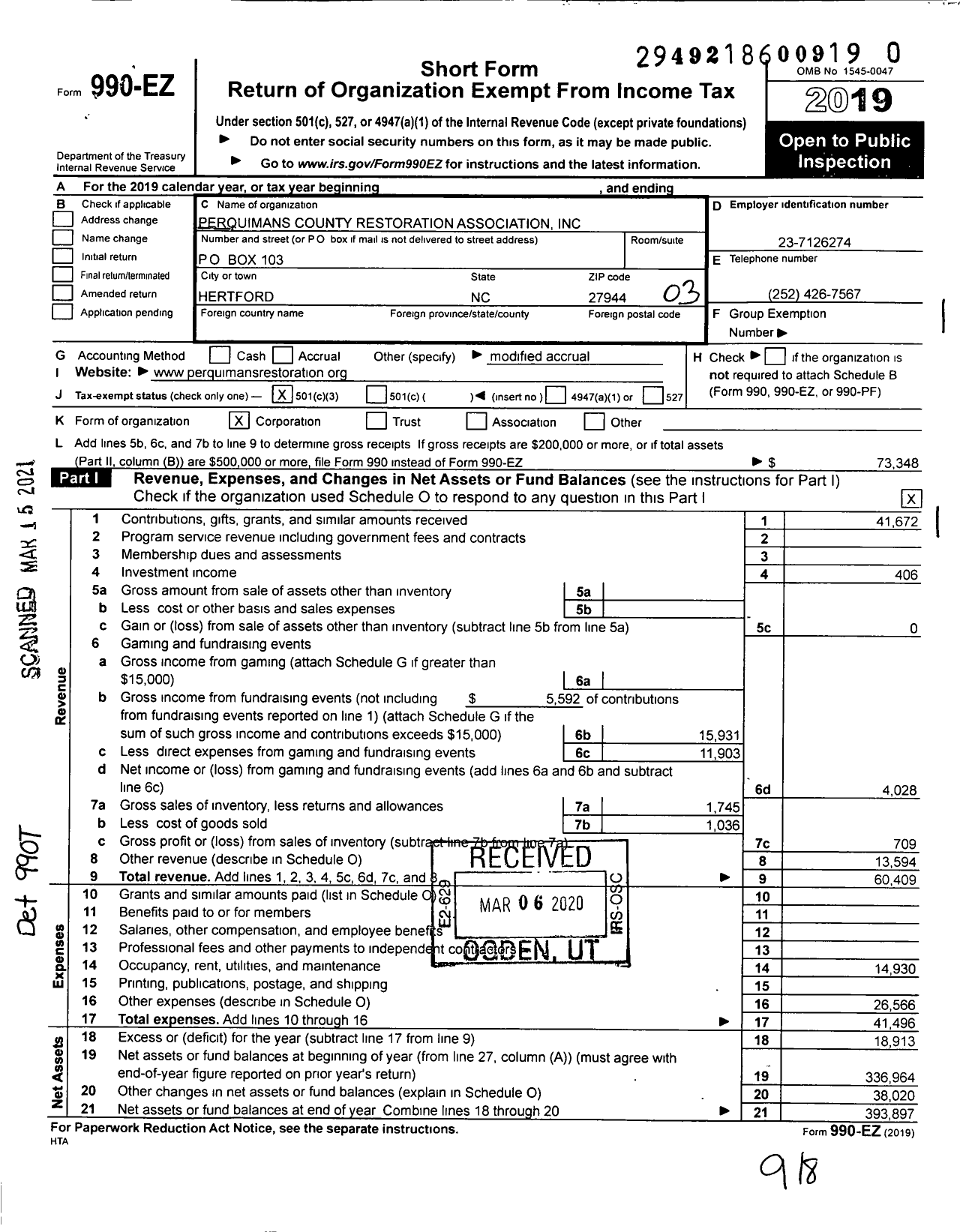 Image of first page of 2019 Form 990EZ for Perquimans County Restoration Association