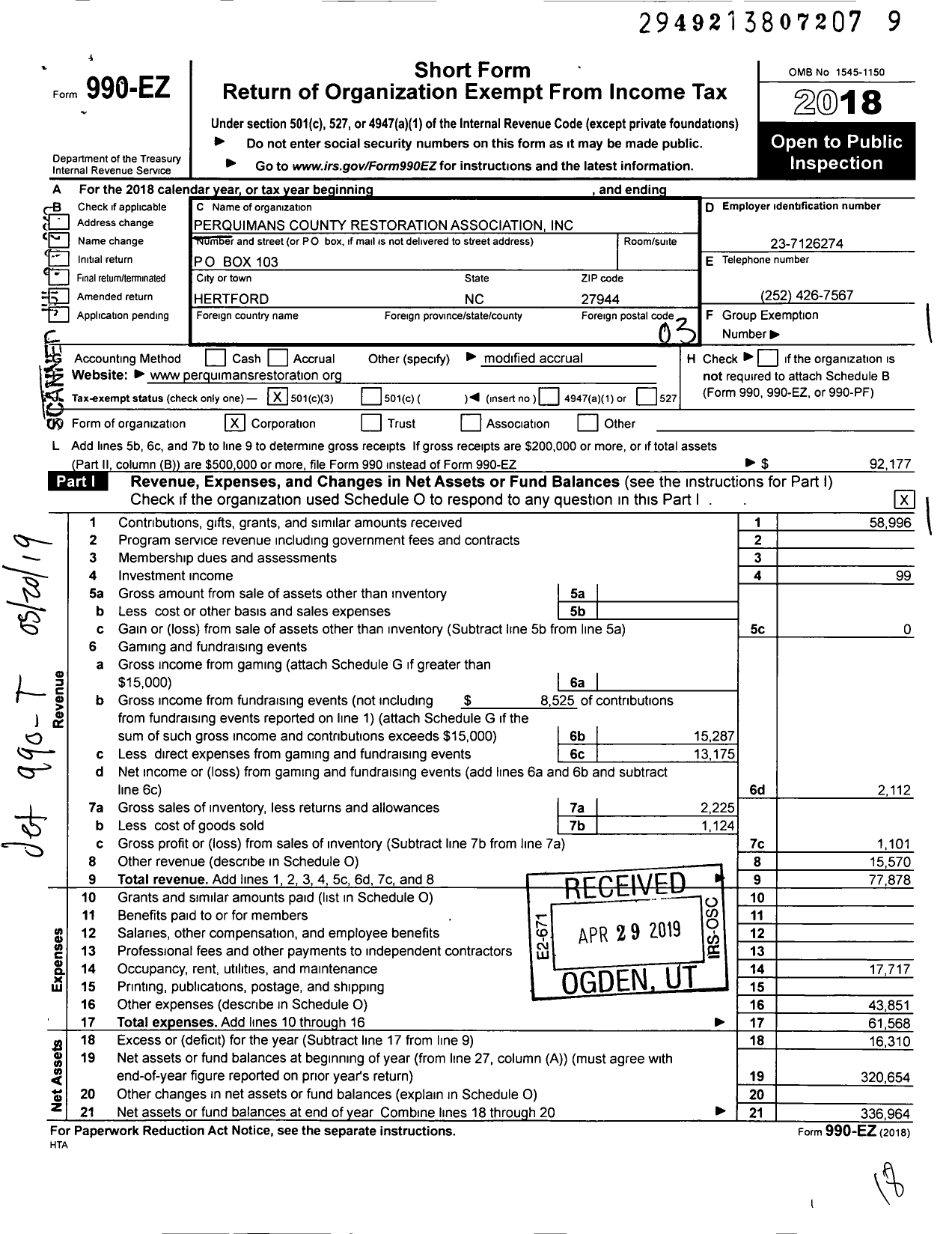 Image of first page of 2018 Form 990EZ for Perquimans County Restoration Association