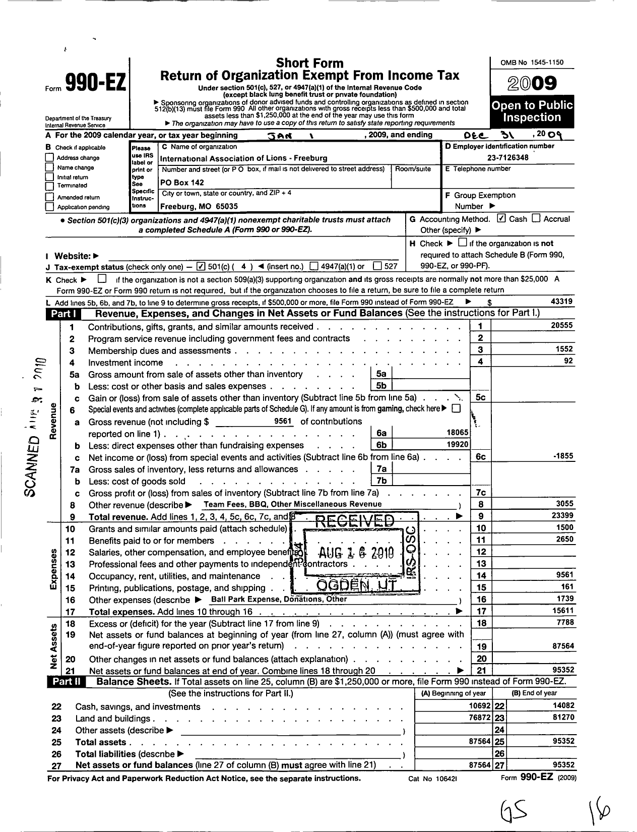 Image of first page of 2009 Form 990EO for Lions Clubs - 9930 Freeburg