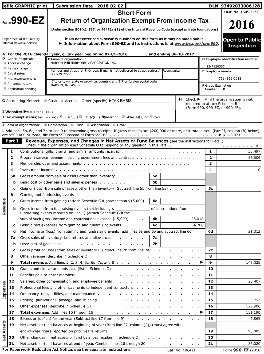 Image of first page of 2016 Form 990EZ for Marion Philharmonic Association