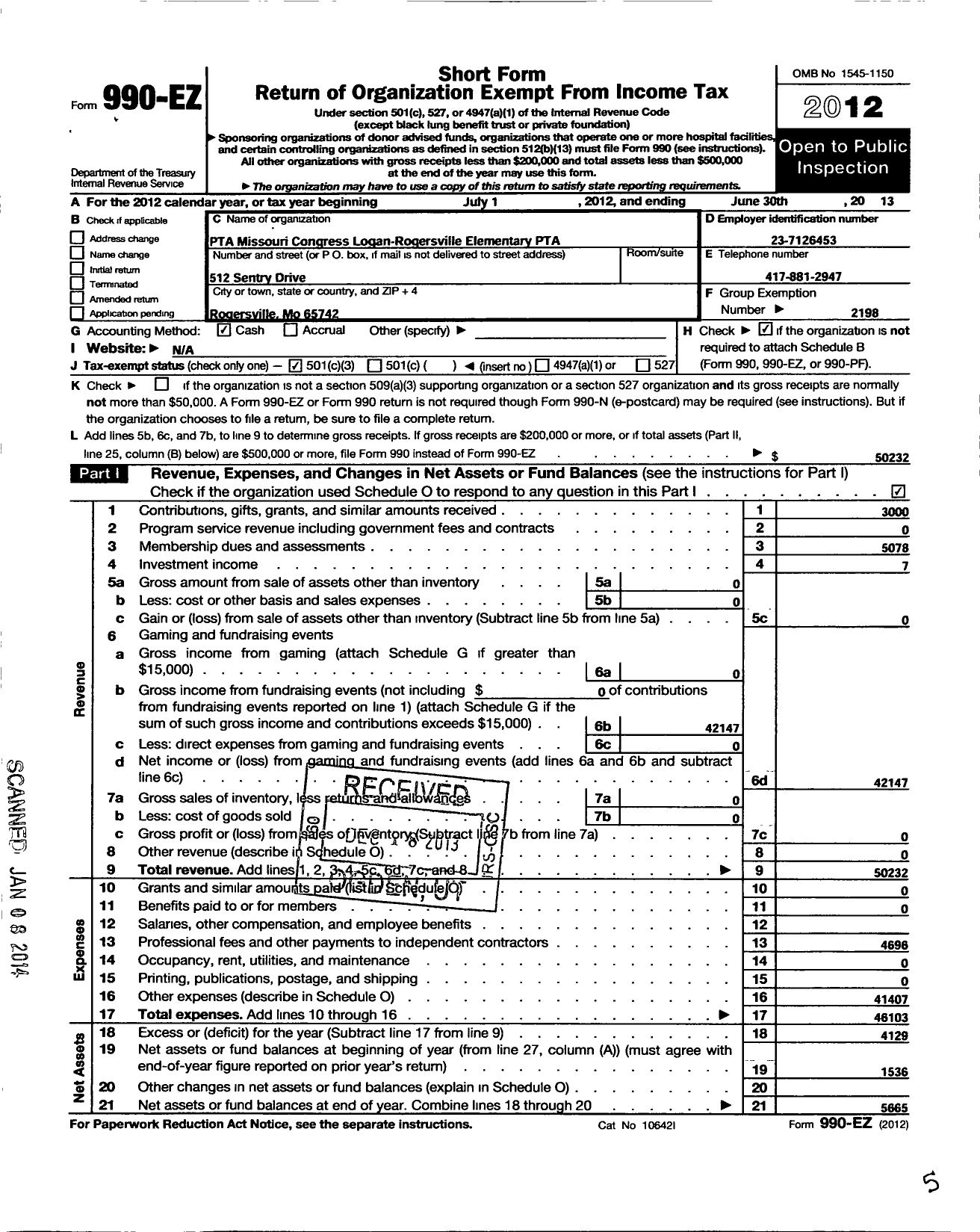 Image of first page of 2012 Form 990EZ for PTA Missouri Congress / Logan-Rogersville Elementary PTA