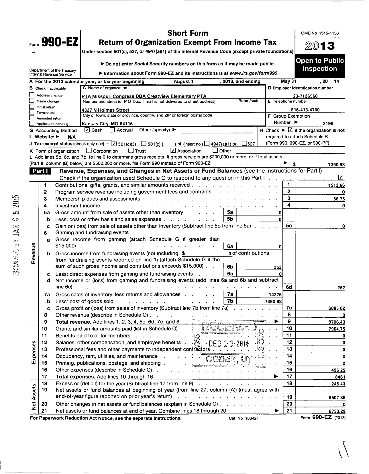 Image of first page of 2013 Form 990EZ for PTA Missouri Congress / Crestview School PTA