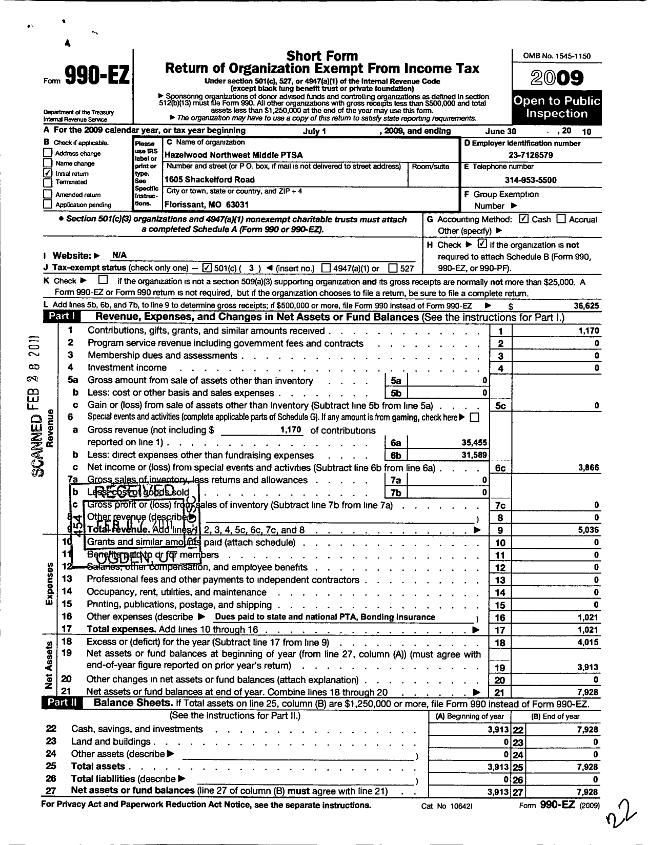 Image of first page of 2009 Form 990EZ for PTA Missouri Congress / Hazelwood Northwest Middle Ptsa