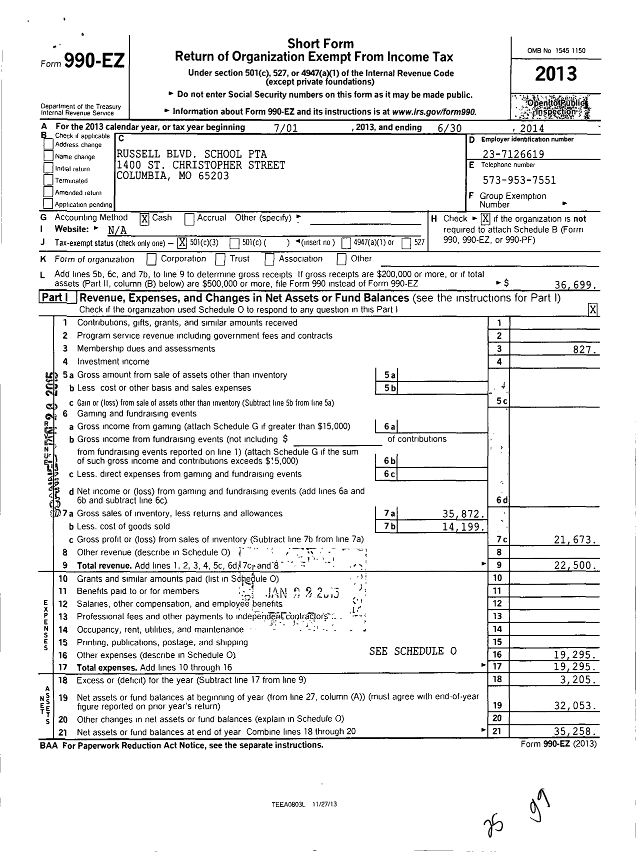 Image of first page of 2013 Form 990EZ for PTA Missouri Congress / Russell Blvd Elementary School PTA