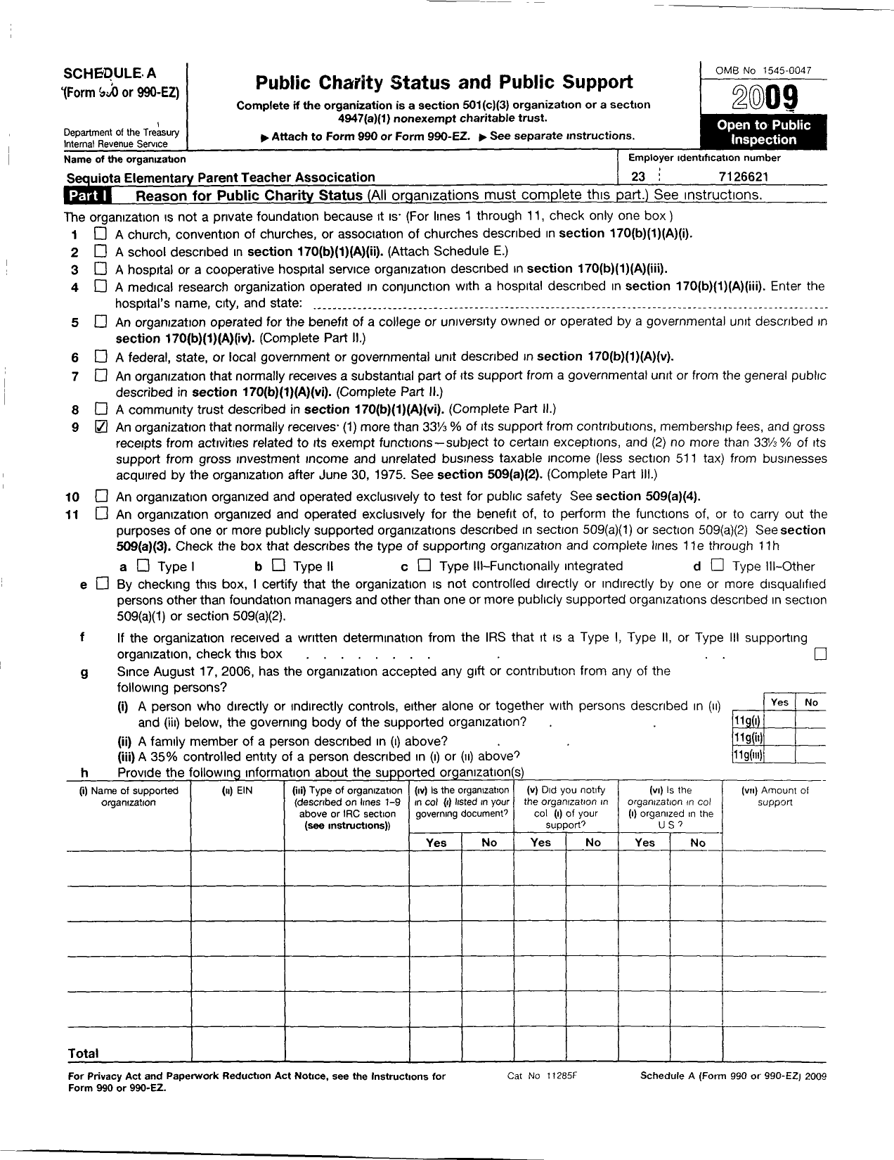 Image of first page of 2009 Form 990ER for PTA Missouri Congress / Sequiota School PTA