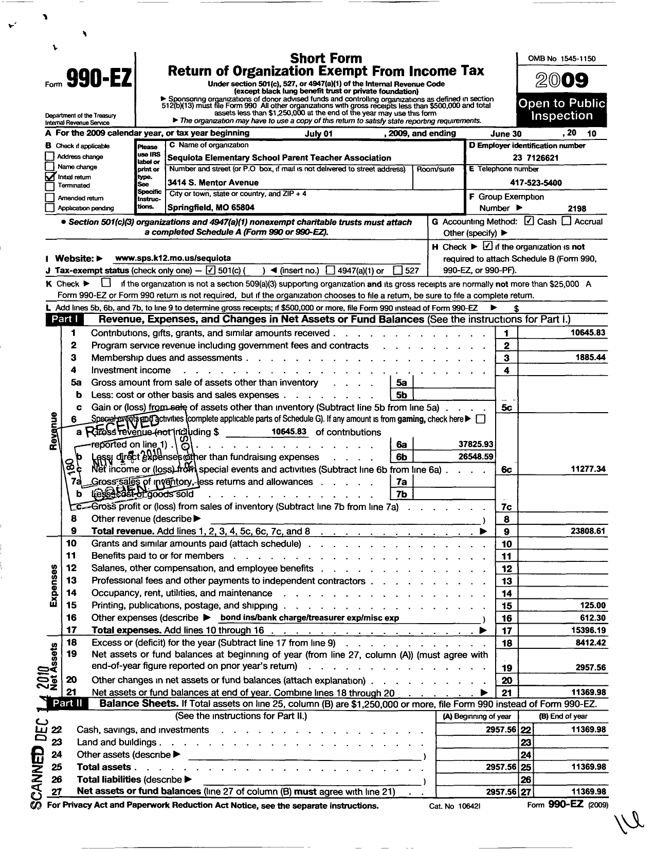 Image of first page of 2009 Form 990EO for PTA Missouri Congress / Sequiota School PTA