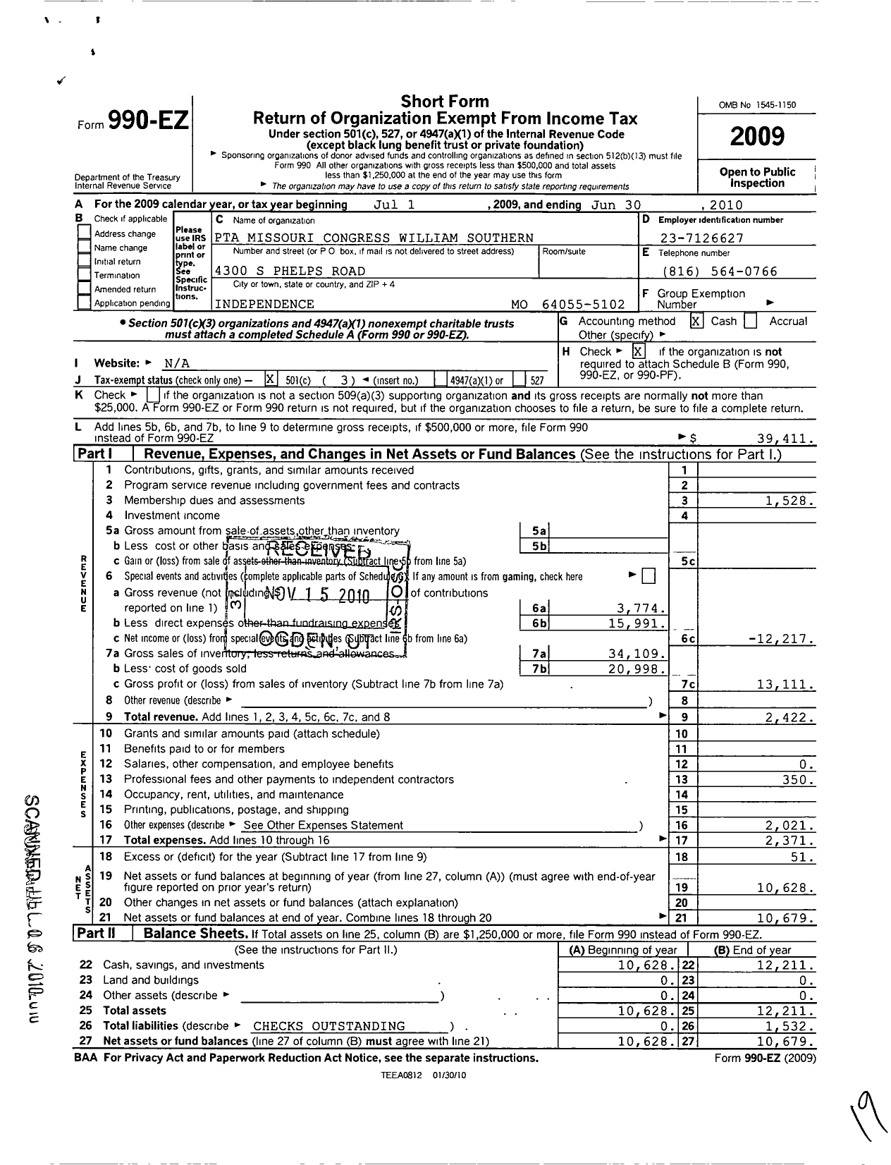 Image of first page of 2009 Form 990EZ for PTA Missouri Congress / William N Southern School PTA