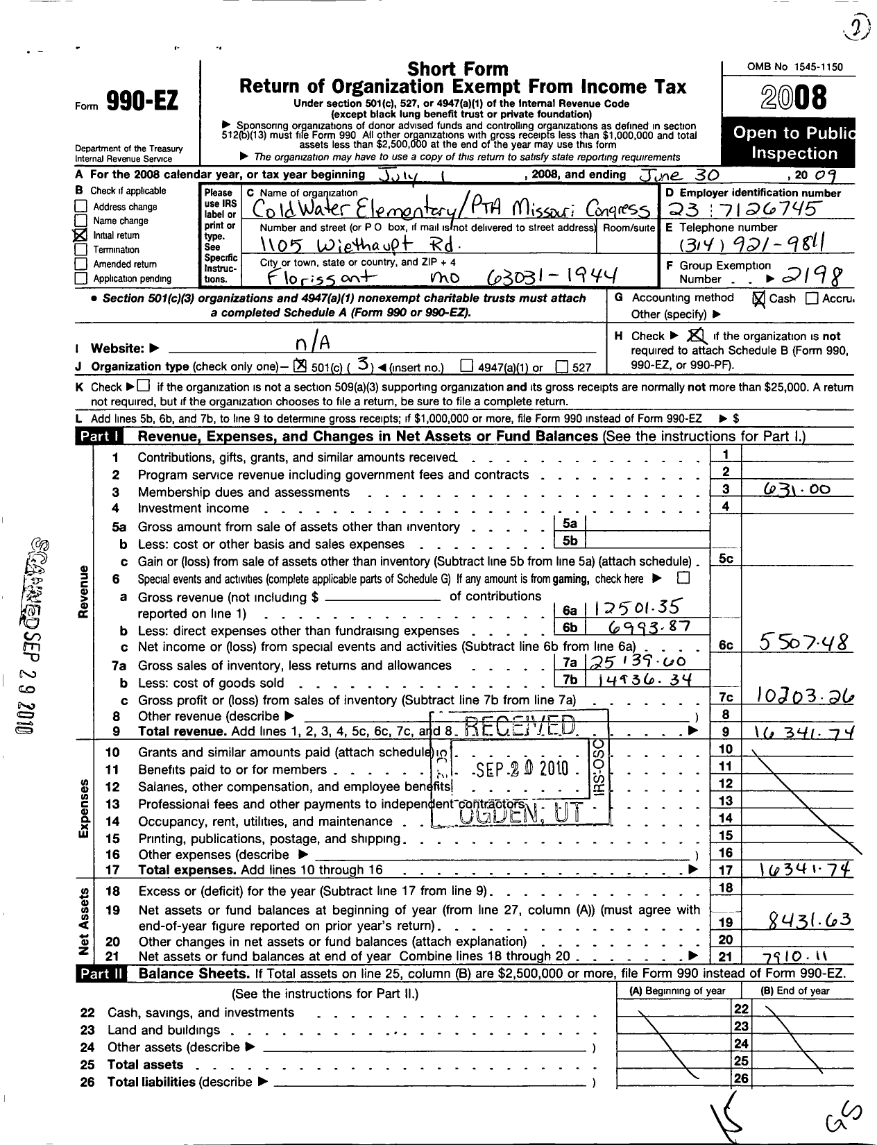 Image of first page of 2008 Form 990EZ for PTA Missouri Congress / Coldwater School PTA