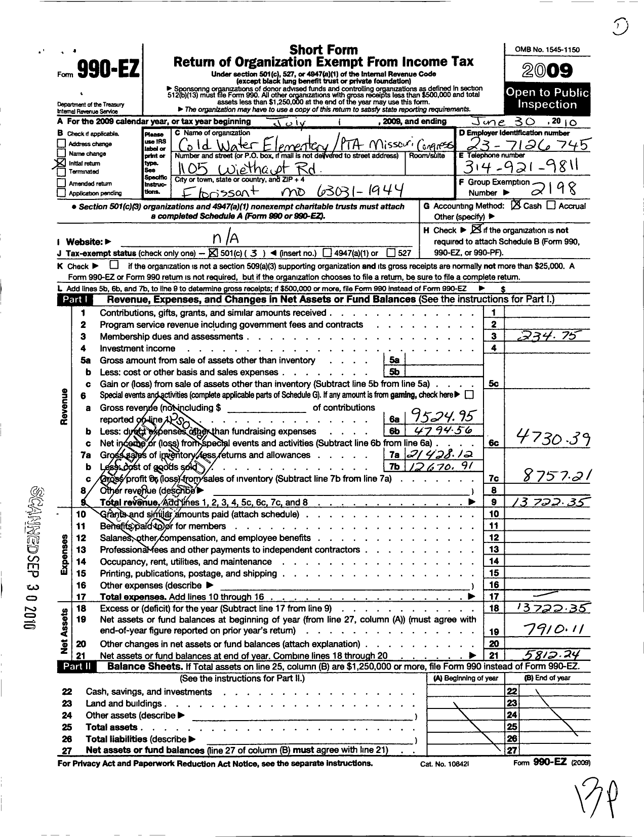 Image of first page of 2009 Form 990EZ for PTA Missouri Congress / Coldwater School PTA