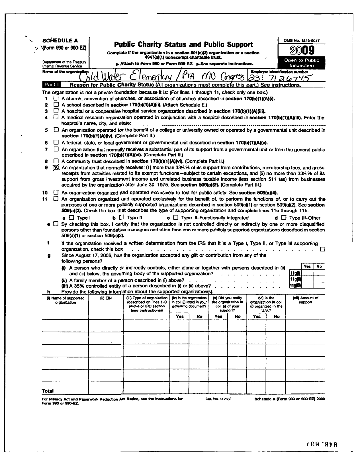 Image of first page of 2009 Form 990ER for PTA Missouri Congress / Coldwater School PTA