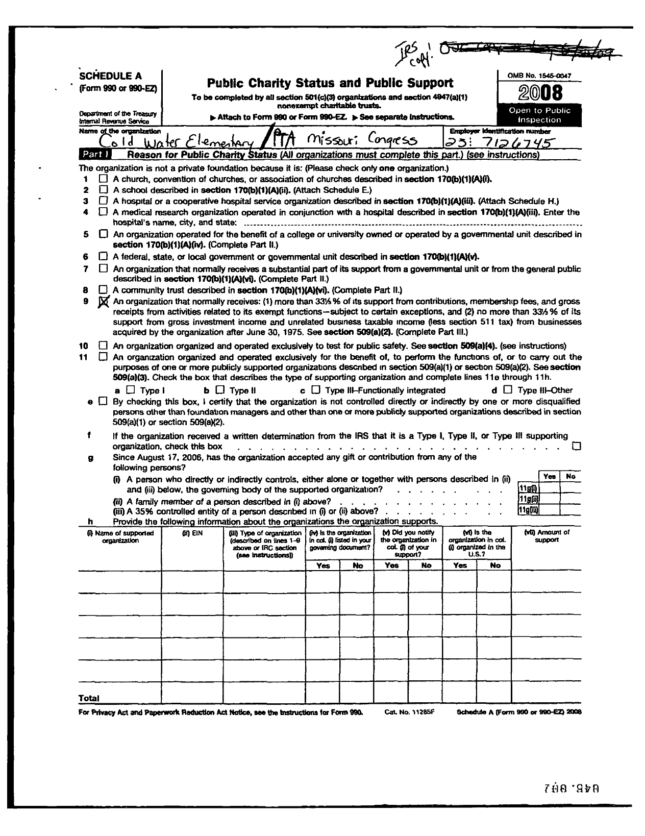 Image of first page of 2008 Form 990ER for PTA Missouri Congress / Coldwater School PTA