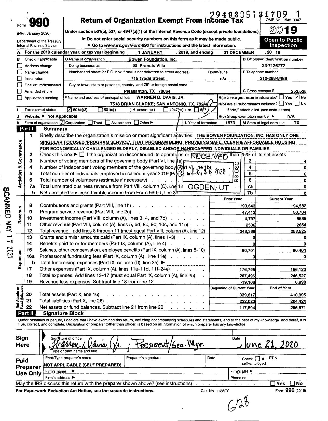 Image of first page of 2019 Form 990 for The Bowen Foundation