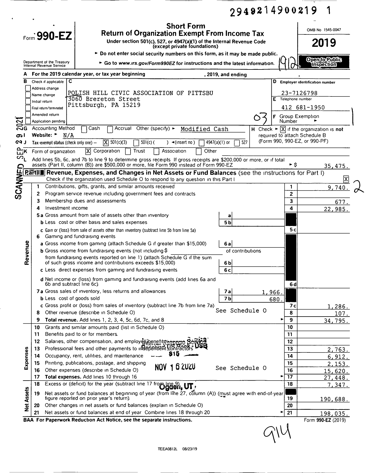 Image of first page of 2019 Form 990EZ for Polish Hill Civic Association of Pittsburgh