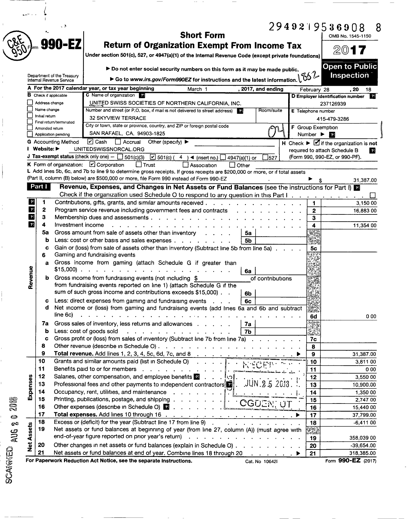 Image of first page of 2017 Form 990EO for United Swiss Societies of Northern California