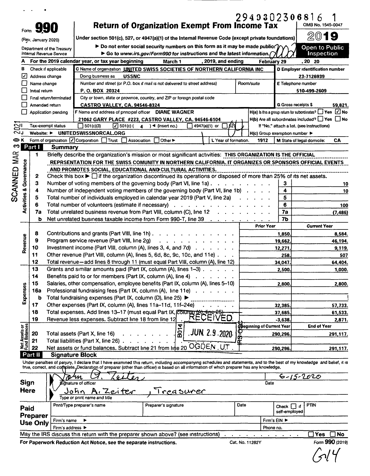 Image of first page of 2019 Form 990O for United Swiss Societies of Northern California