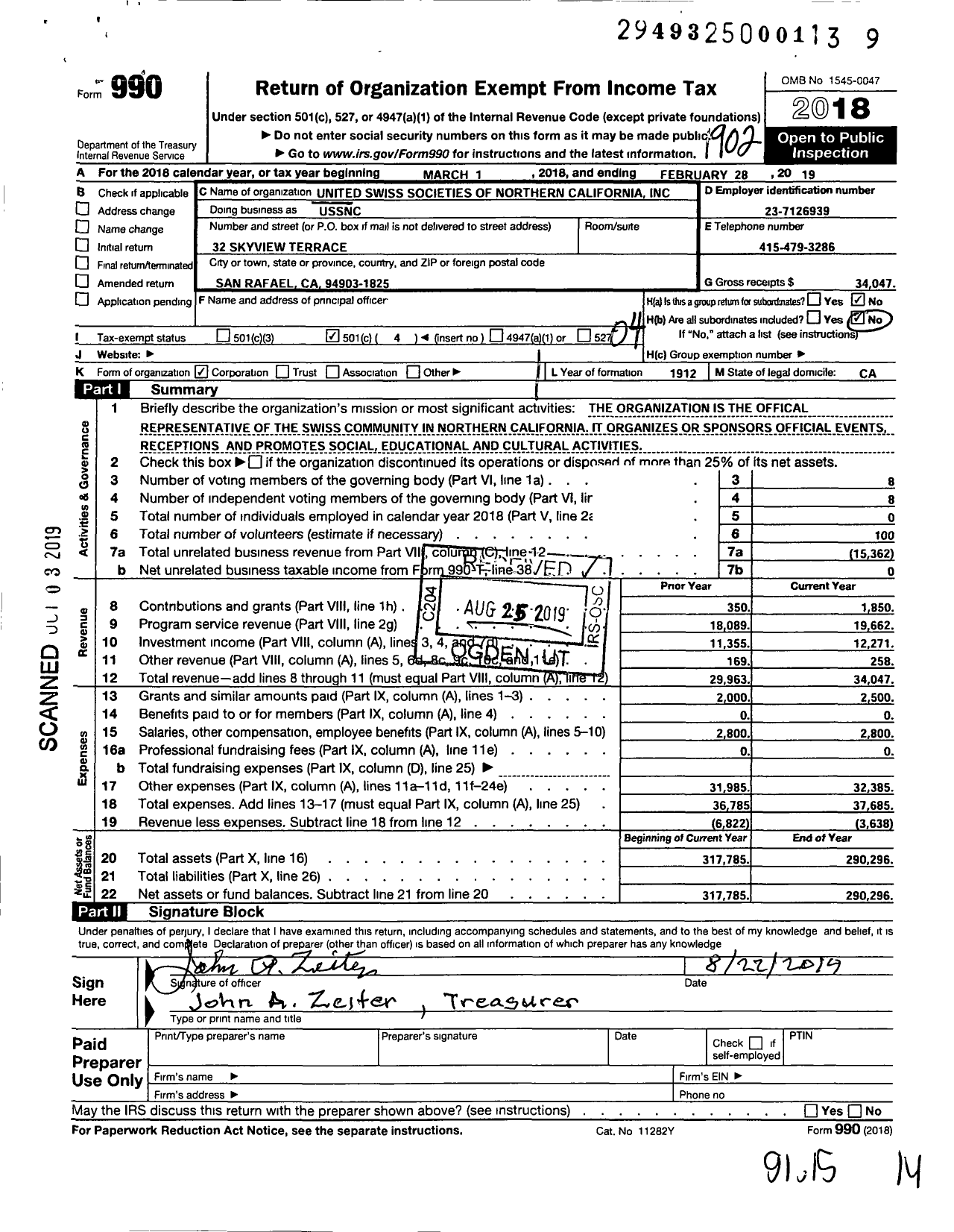 Image of first page of 2018 Form 990O for United Swiss Societies of Northern California