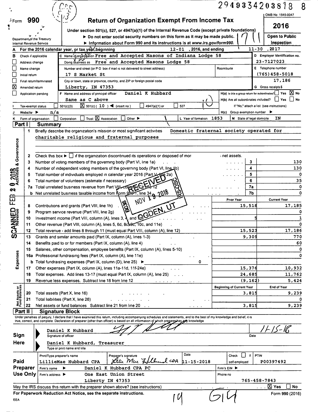 Image of first page of 2016 Form 990O for Free & Accepted Masons of Indiana - Free and Accepted Masons Lodge