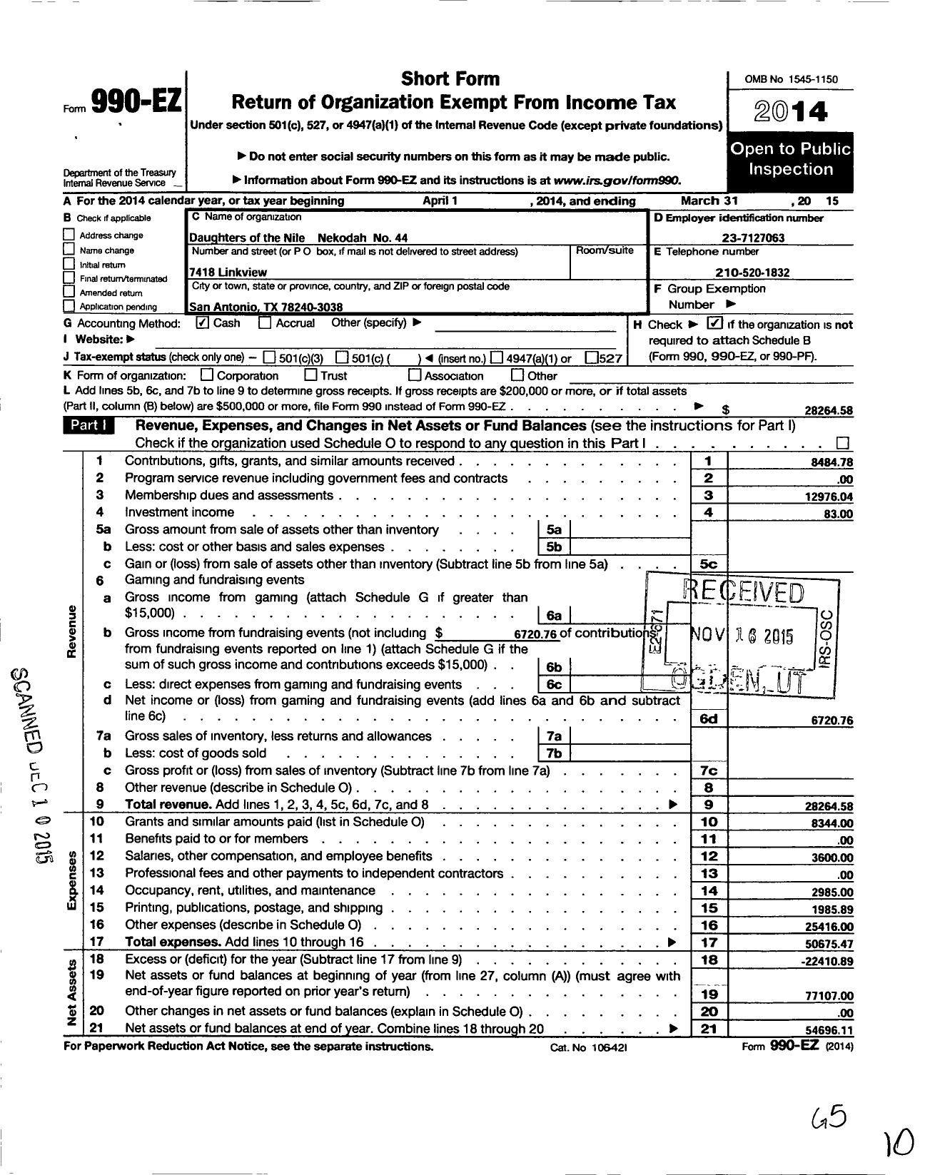 Image of first page of 2014 Form 990EO for Daughters of the Nile - 44 Nekodah