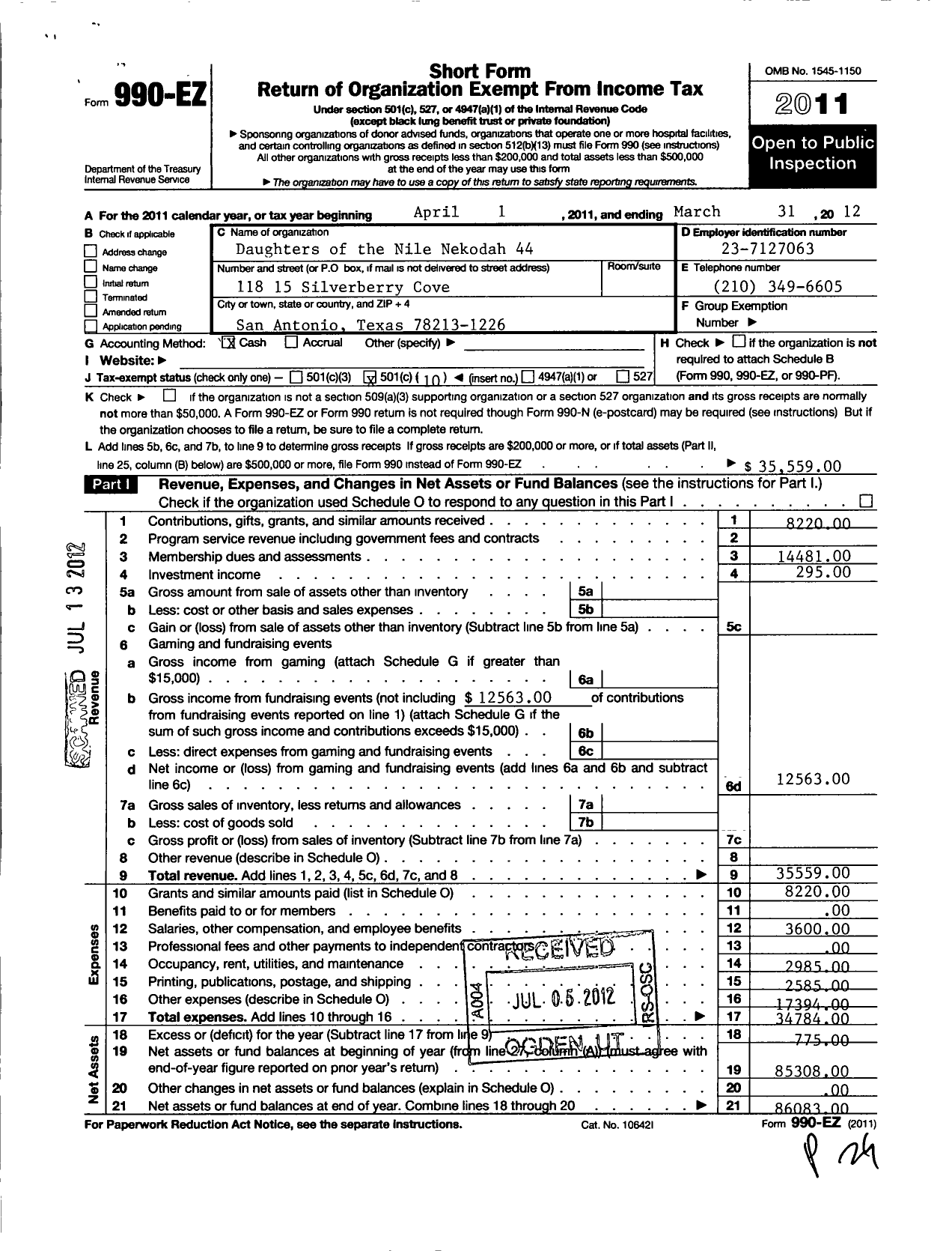 Image of first page of 2011 Form 990EO for Daughters of the Nile - 44 Nekodah