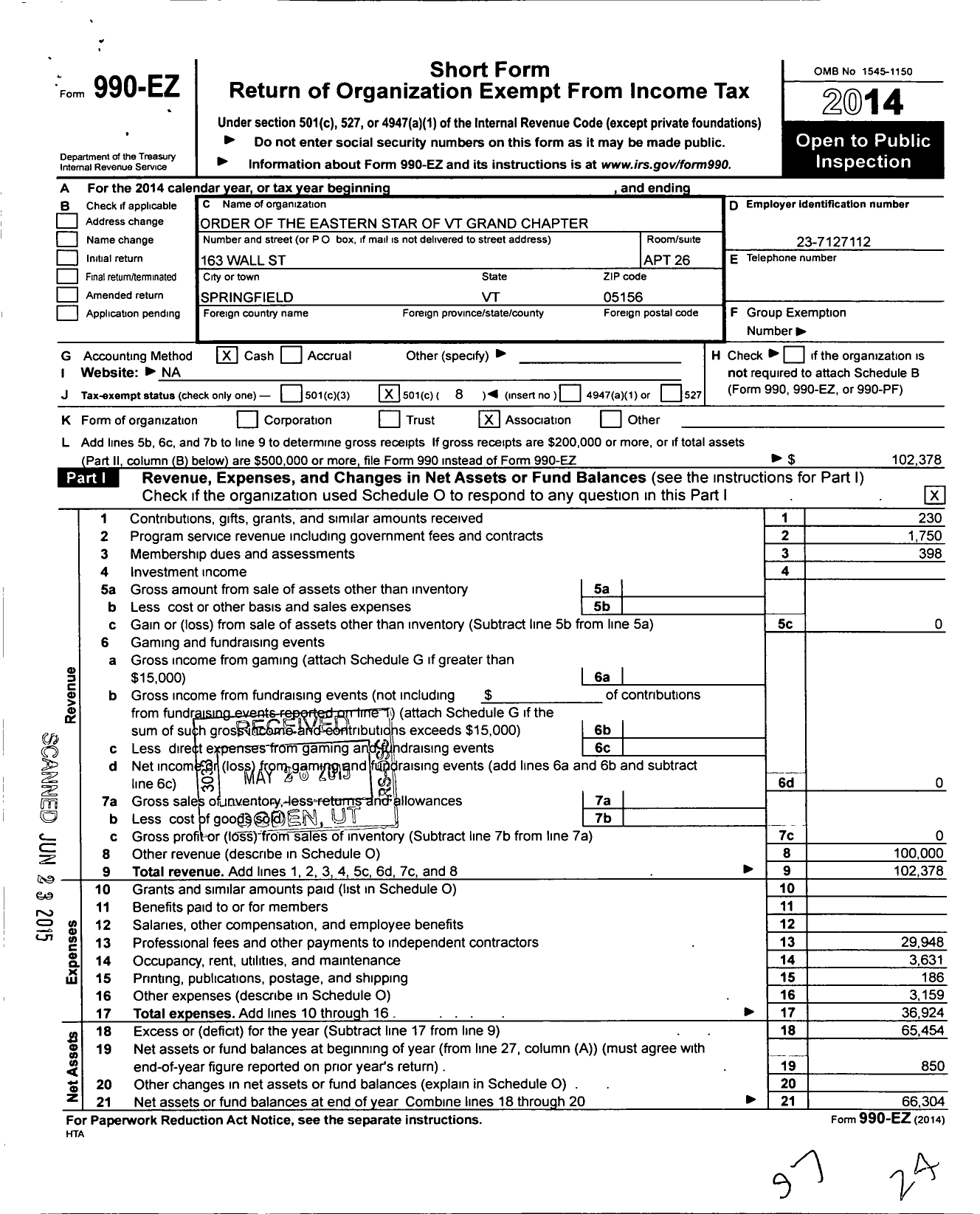 Image of first page of 2014 Form 990EO for Order of the Eastern Star of VT Grand Chapter - 40 Mizpah Chapter